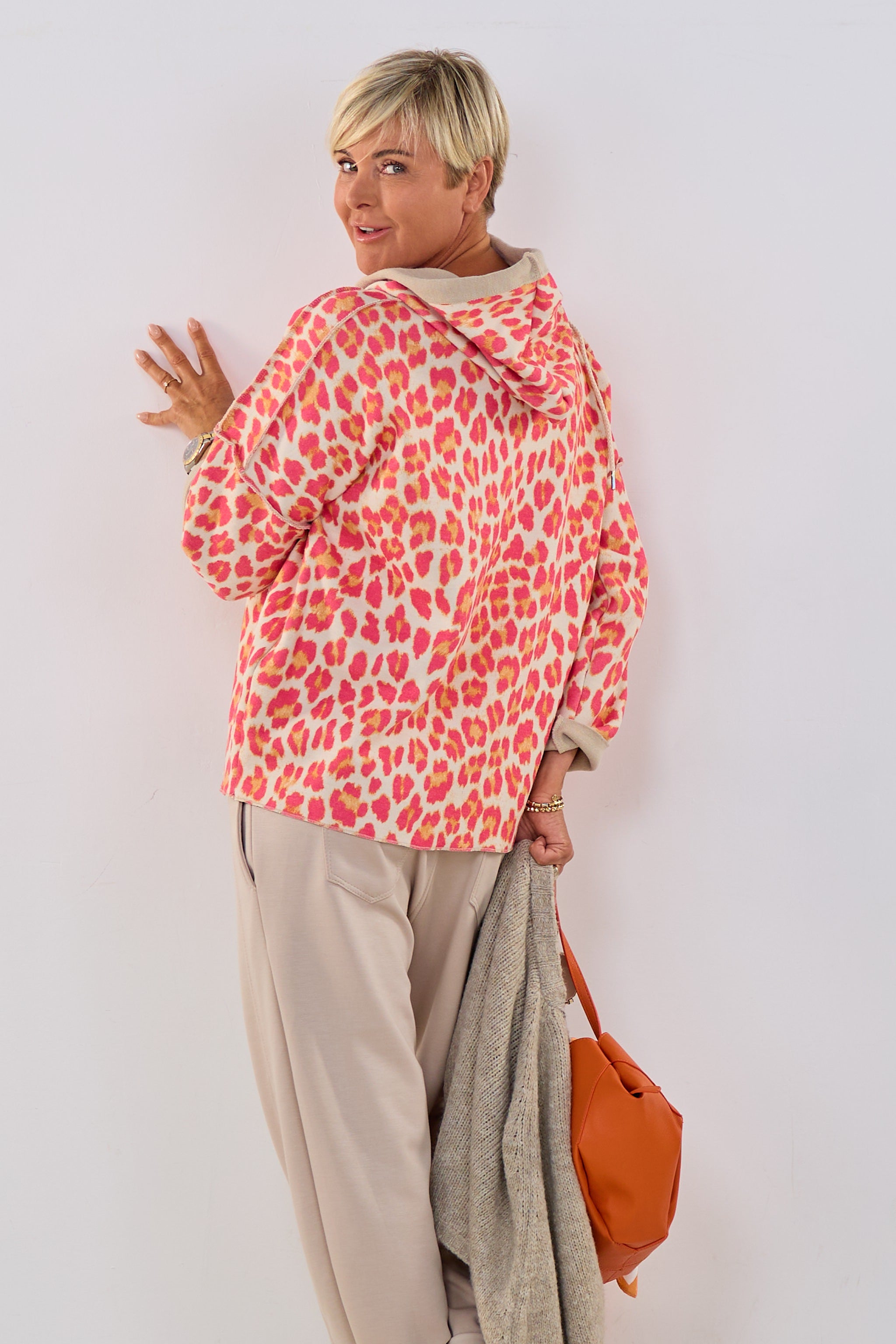Feinstrick-Hoodie tricolor, pink-orange-beige