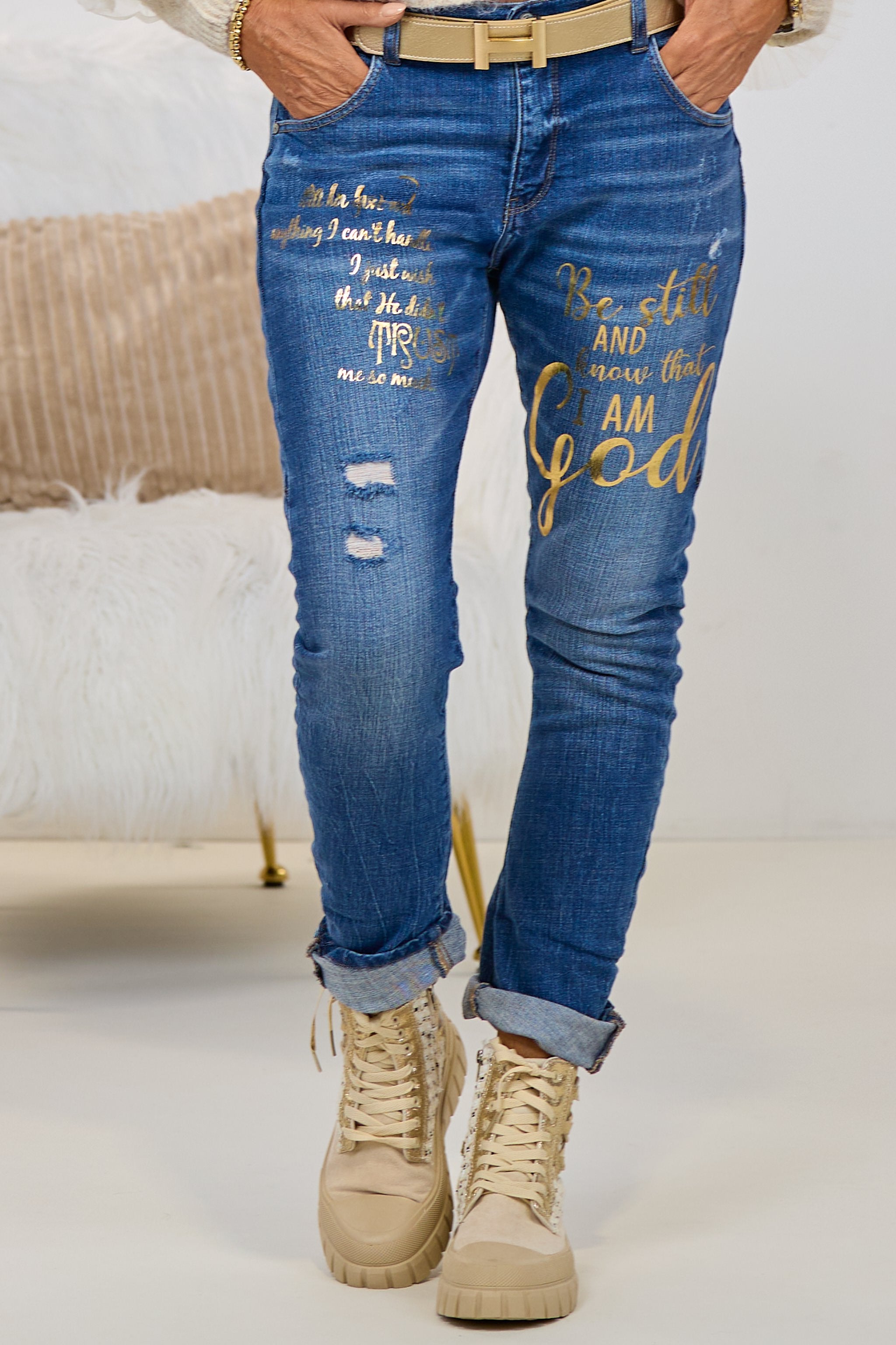 Jeans mit goldfarbenem Druck, denim-gold