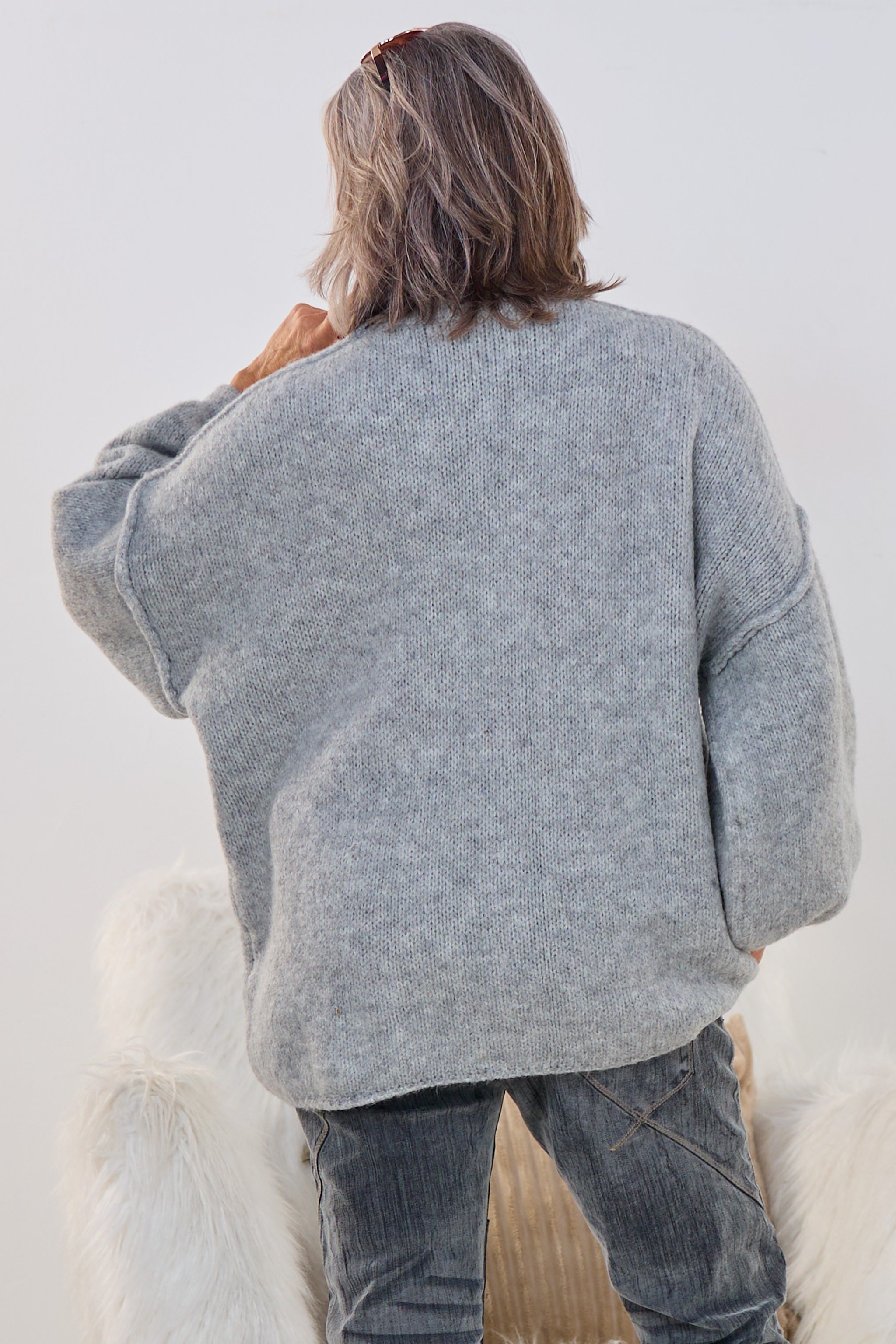Grober Strickpullover mit Turtleneck, grau