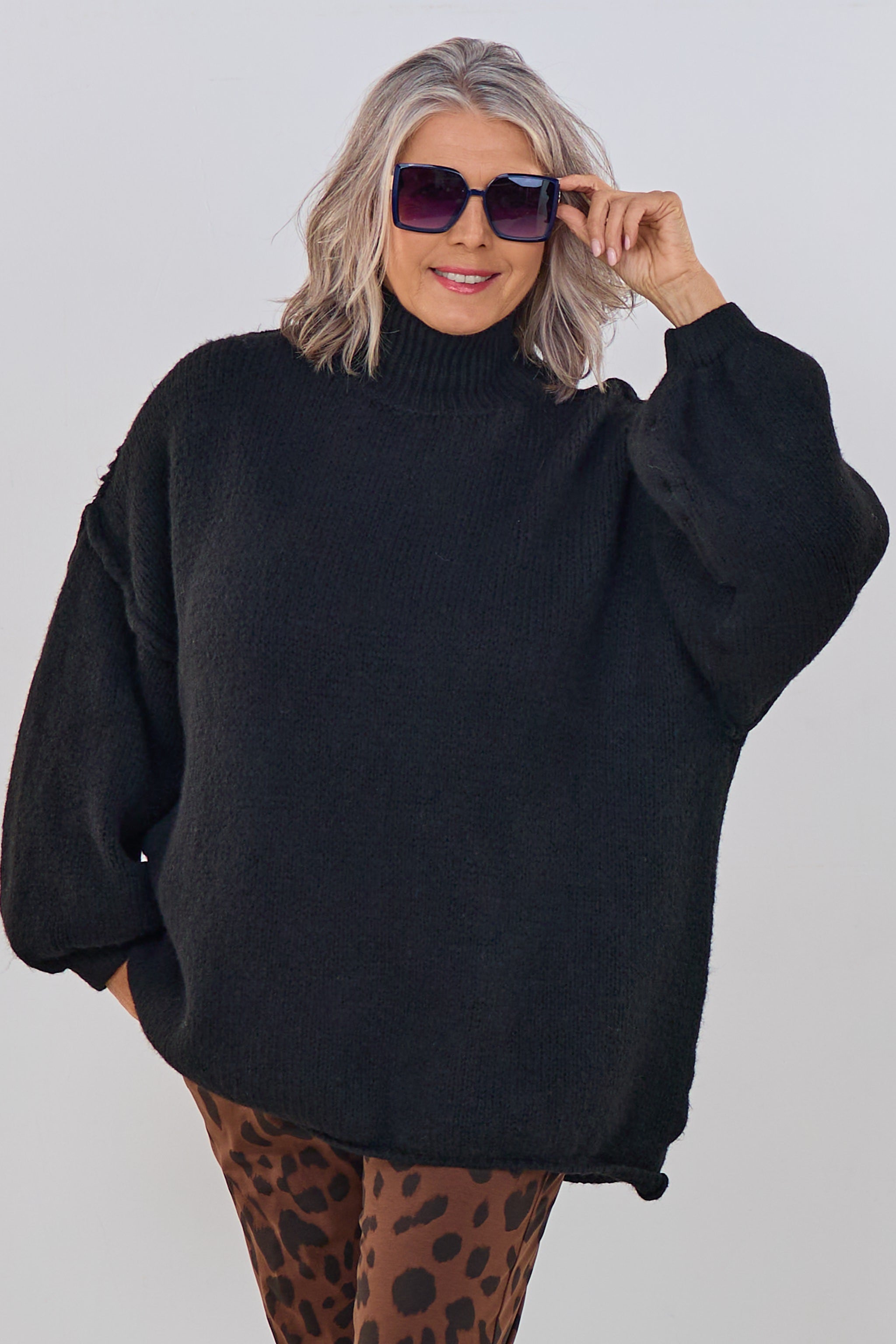Grober Strickpullover mit Turtleneck, schwarz