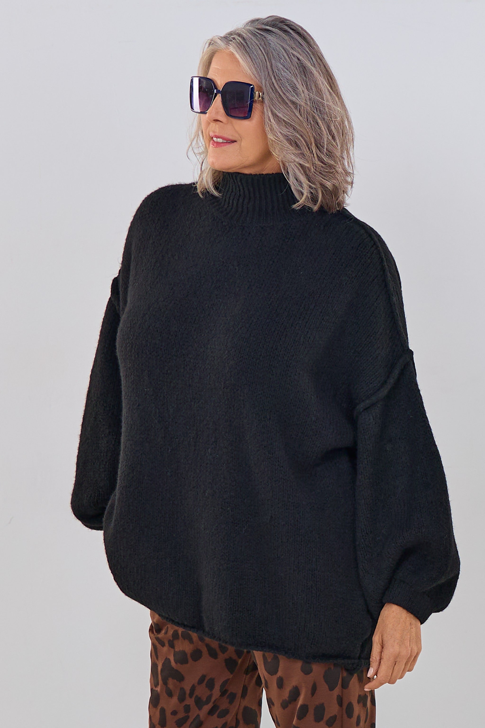 Grober Strickpullover mit Turtleneck, schwarz