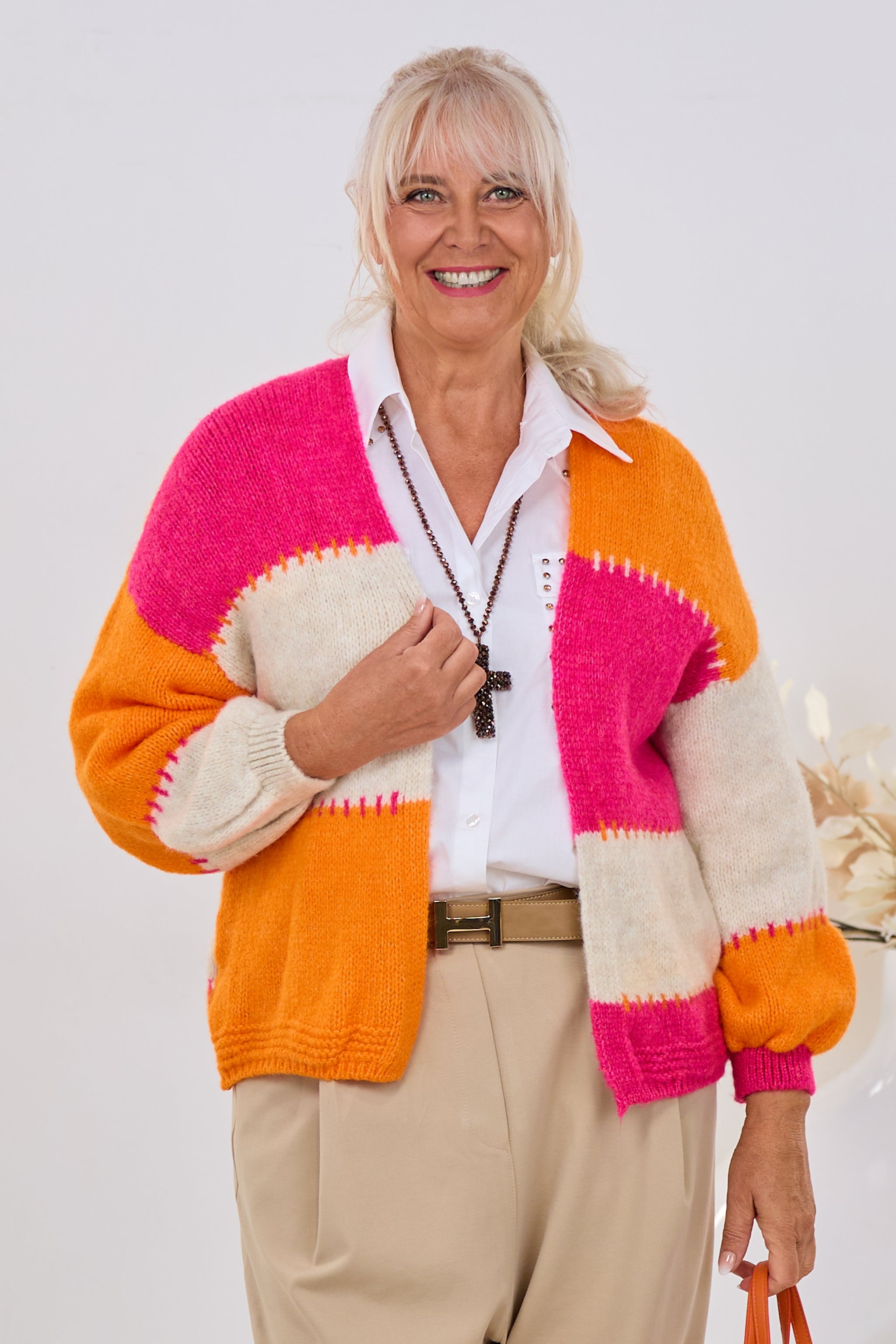 Cardigan Tricolor, pink-creme-orange
