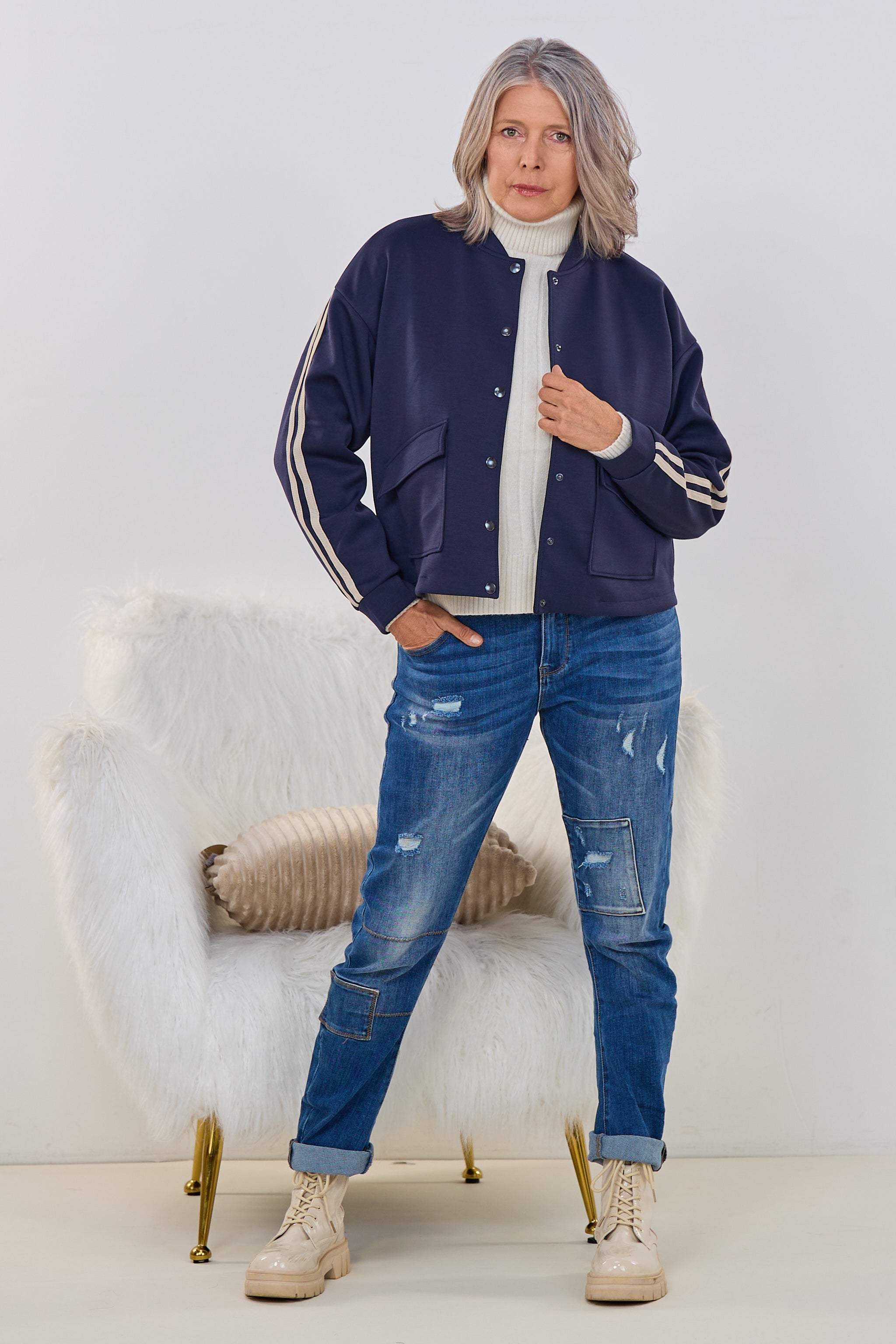 Blouson mit Streifen auf den Ärmeln, dunkelblau