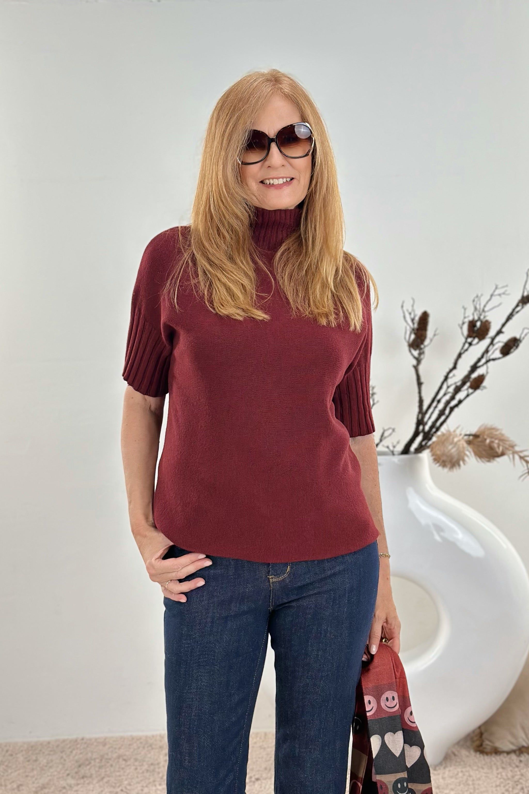 Weicher Kurzarm Pulli mit turtleneck, bordeaux (rostrot)