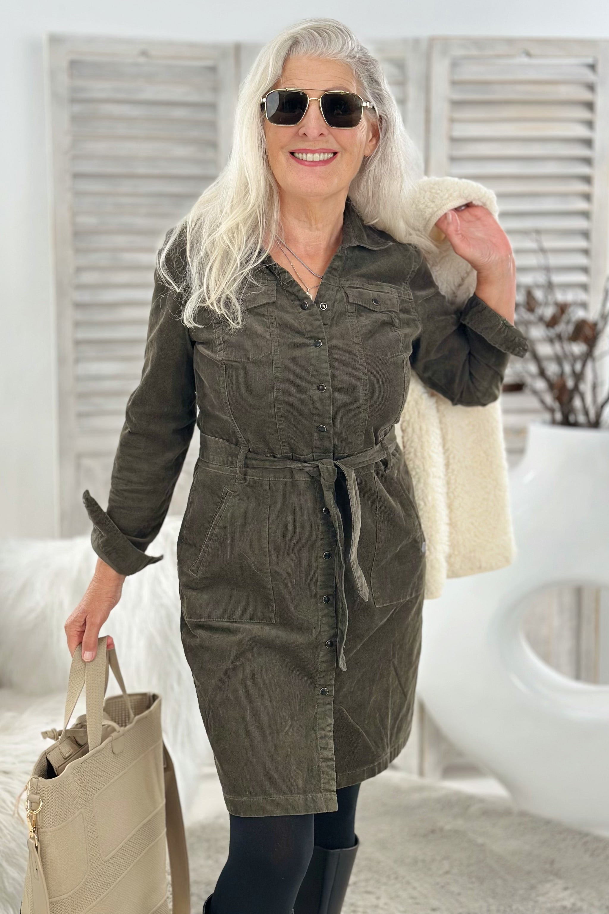 Feincord-Kleid, khaki