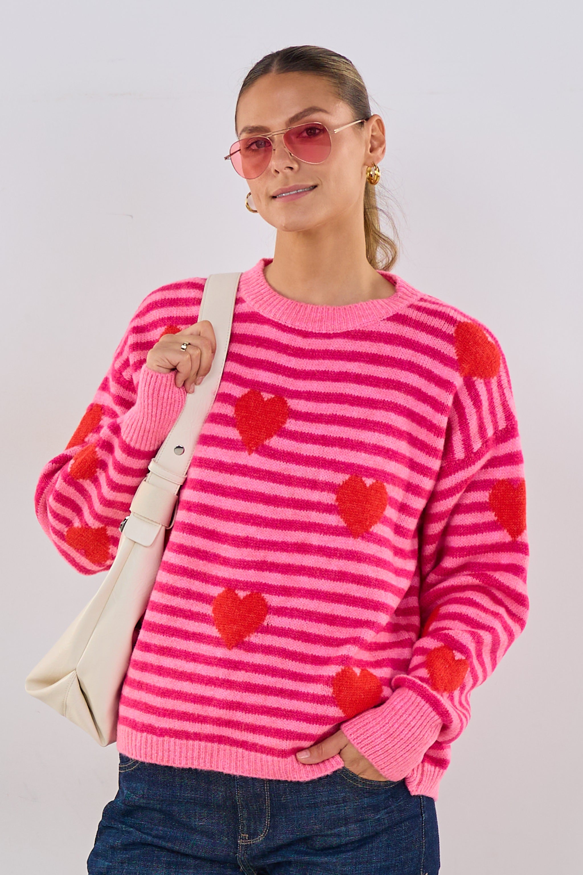 geringelter Pulli mit Herzen, pink-rosa-rot