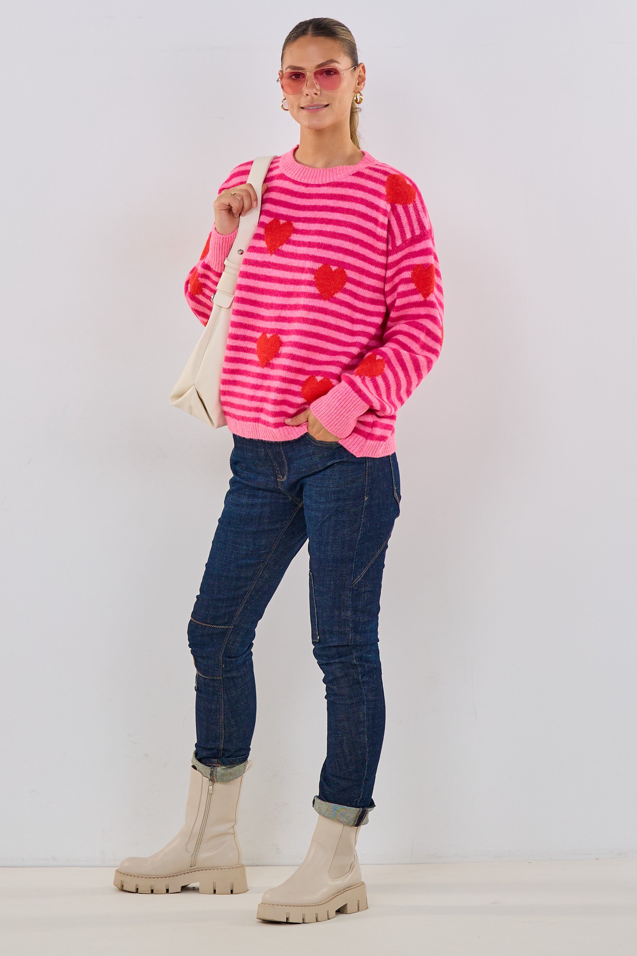 geringelter Pulli mit Herzen, pink-rosa-rot