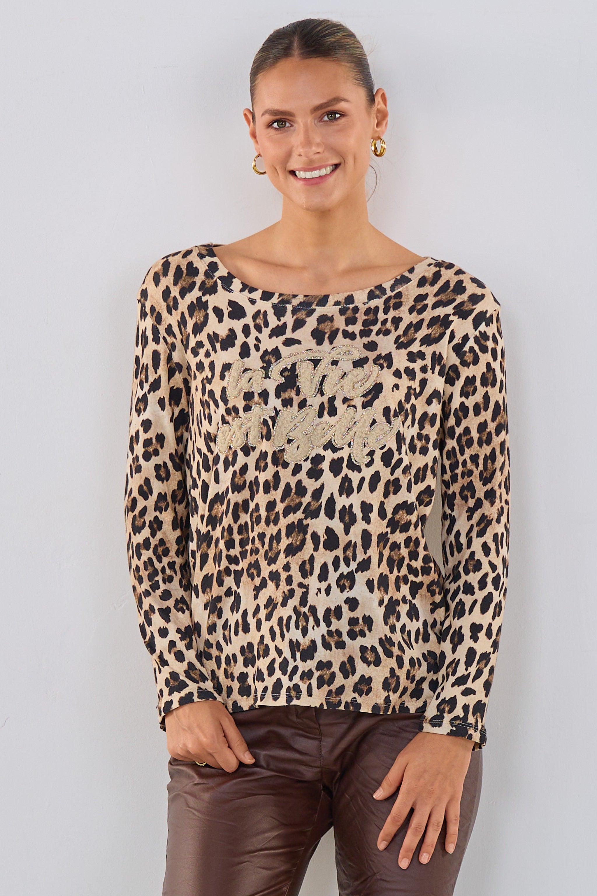 Shirt im Leo-Look mit langen Ärmeln, leo-beige