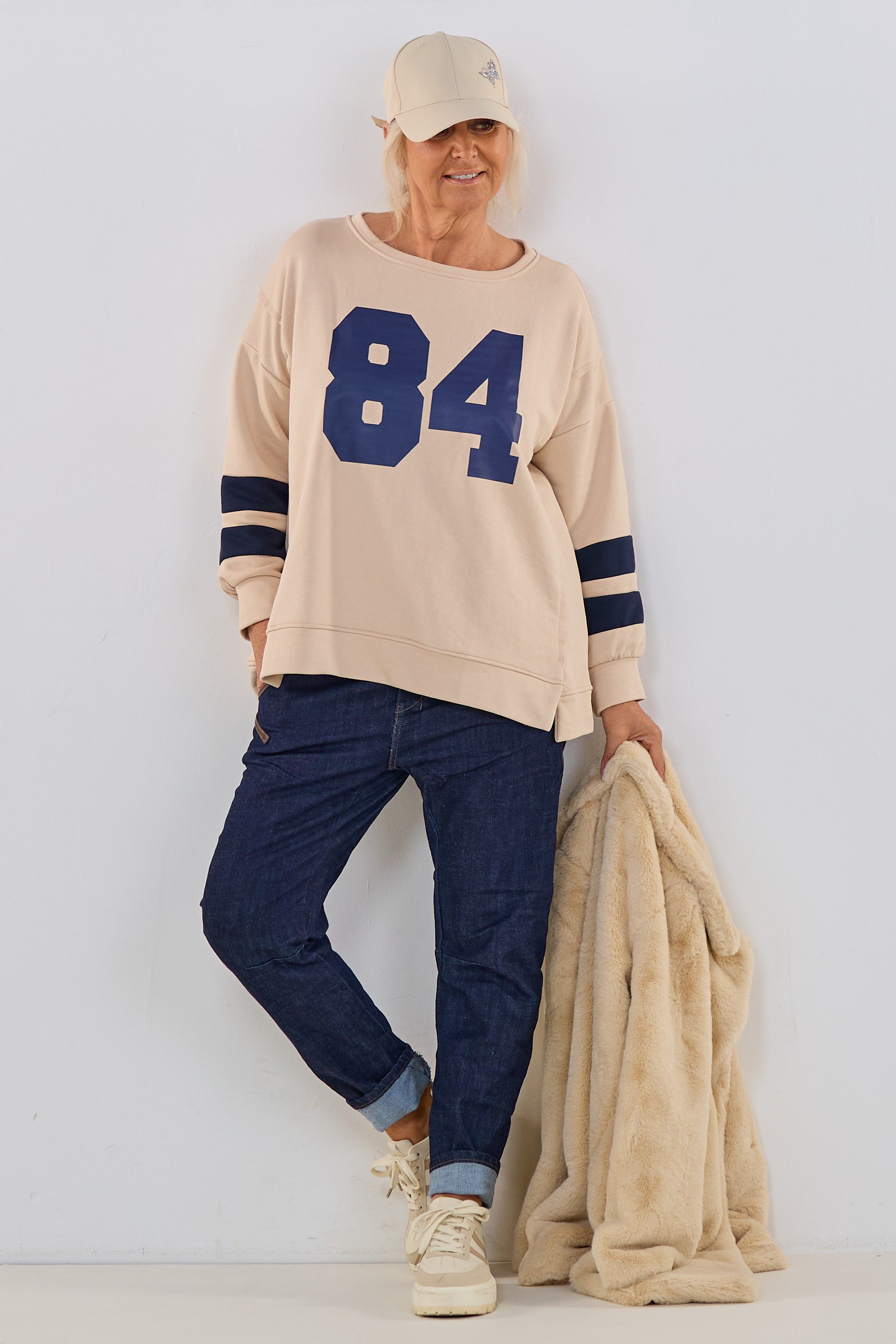 Sweaty mit Print und Streifen, beige-blau
