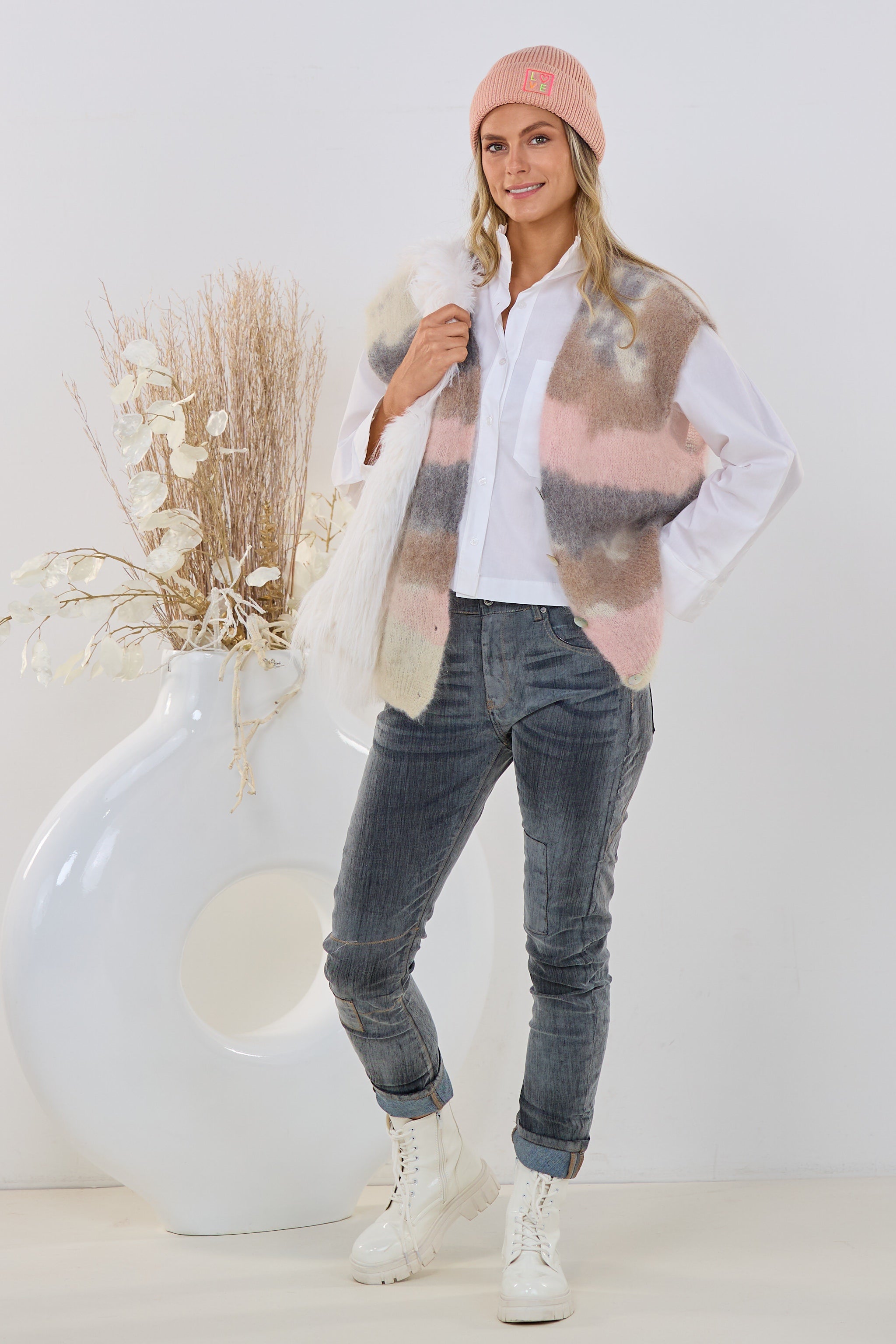 Mohair Weste, rosa-grau-creme