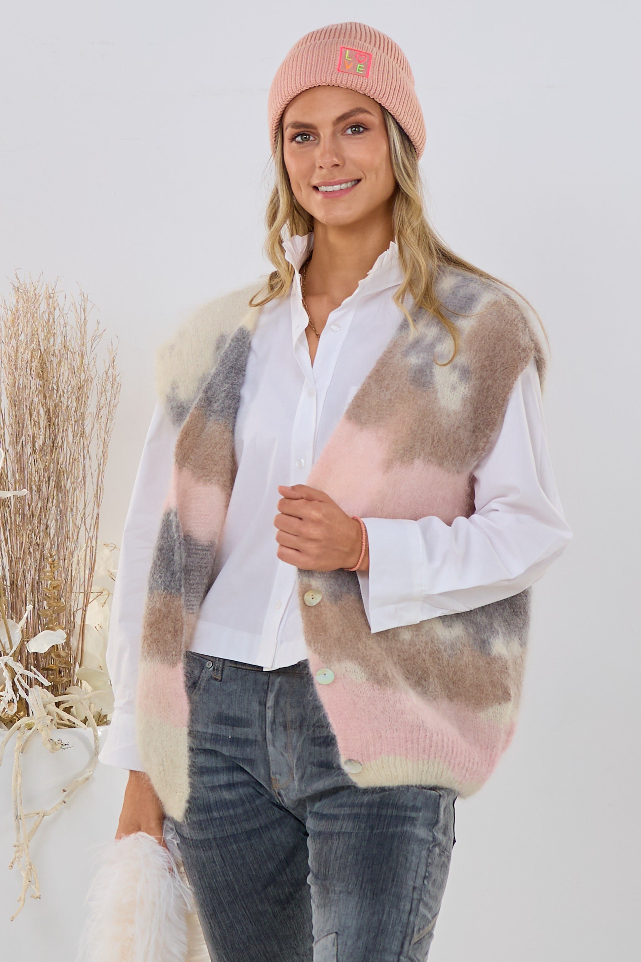 Mohair Weste, rosa-grau-creme