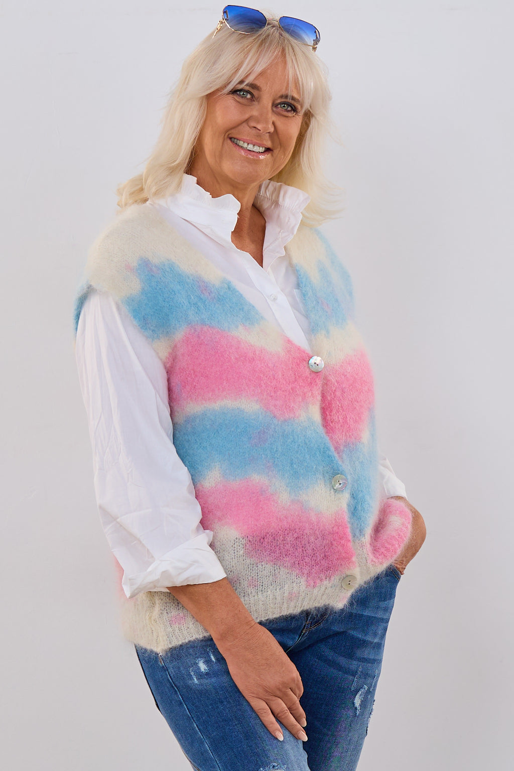 Mohair Weste, pink-blau-creme
