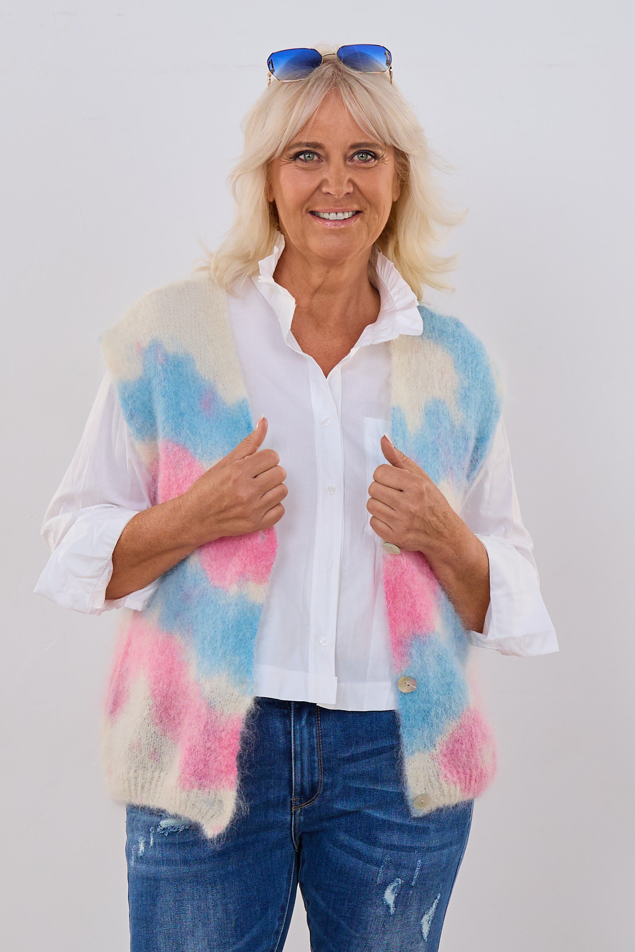 Mohair Weste, pink-blau-creme