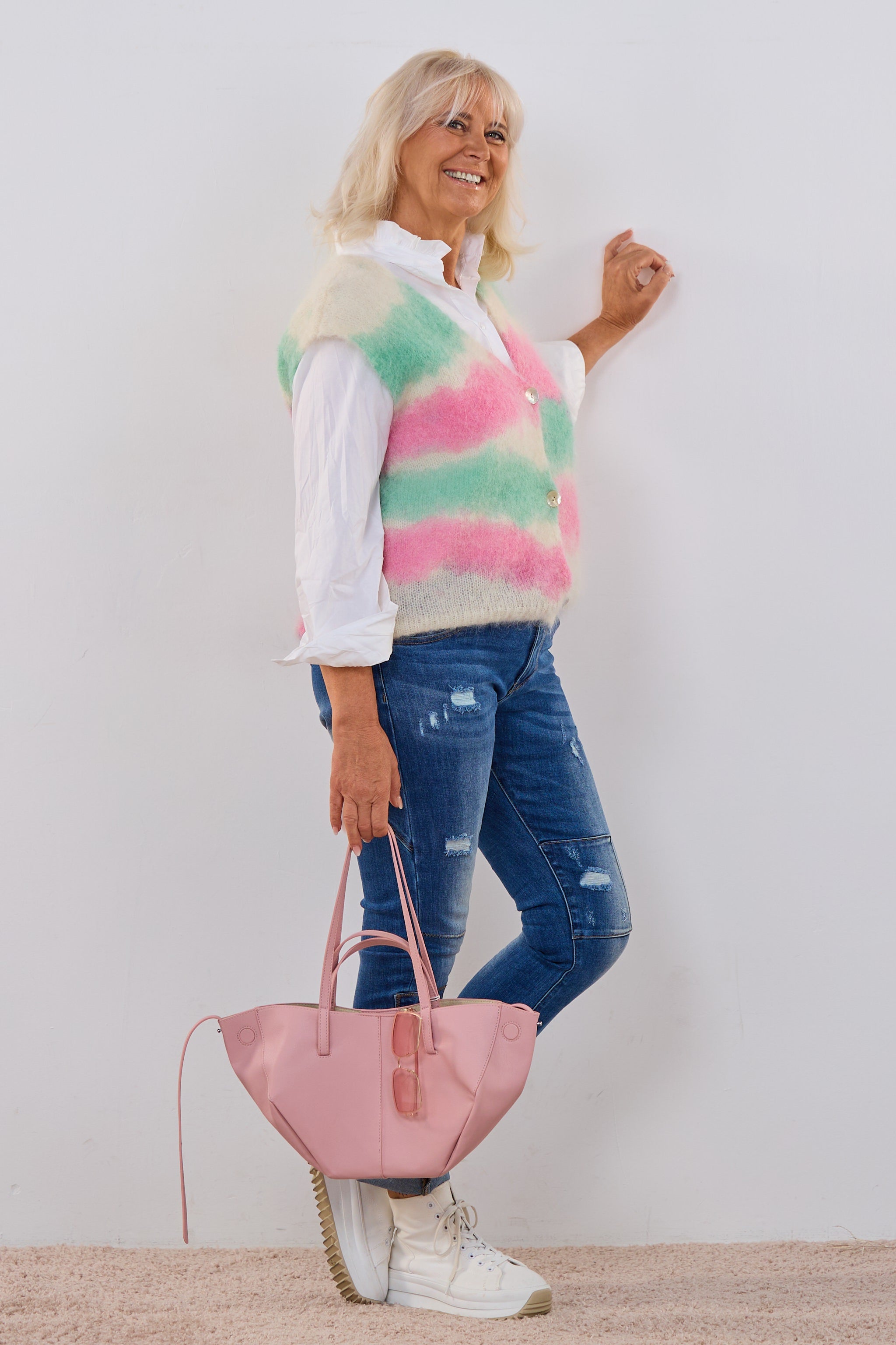Mohair Weste, pink-mint-creme