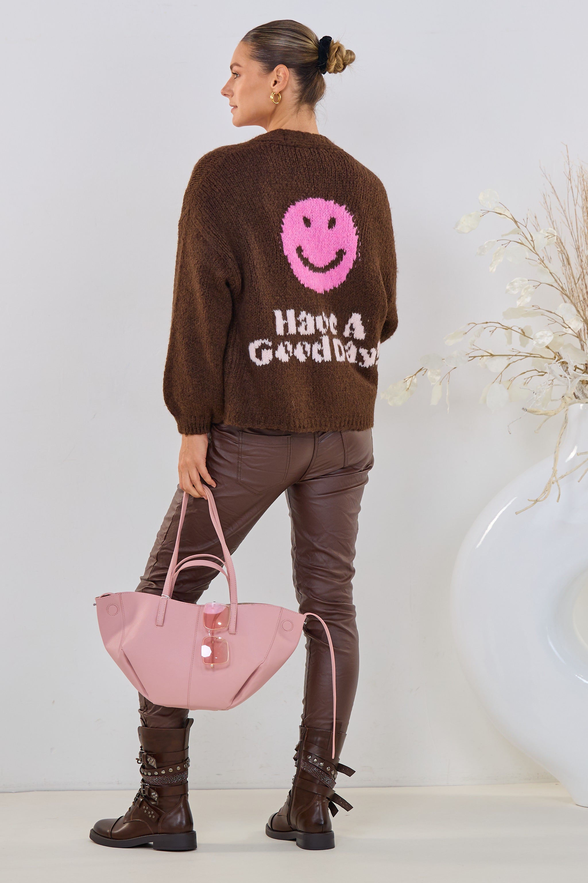 Cardigan mit Smiley, braun-rosa