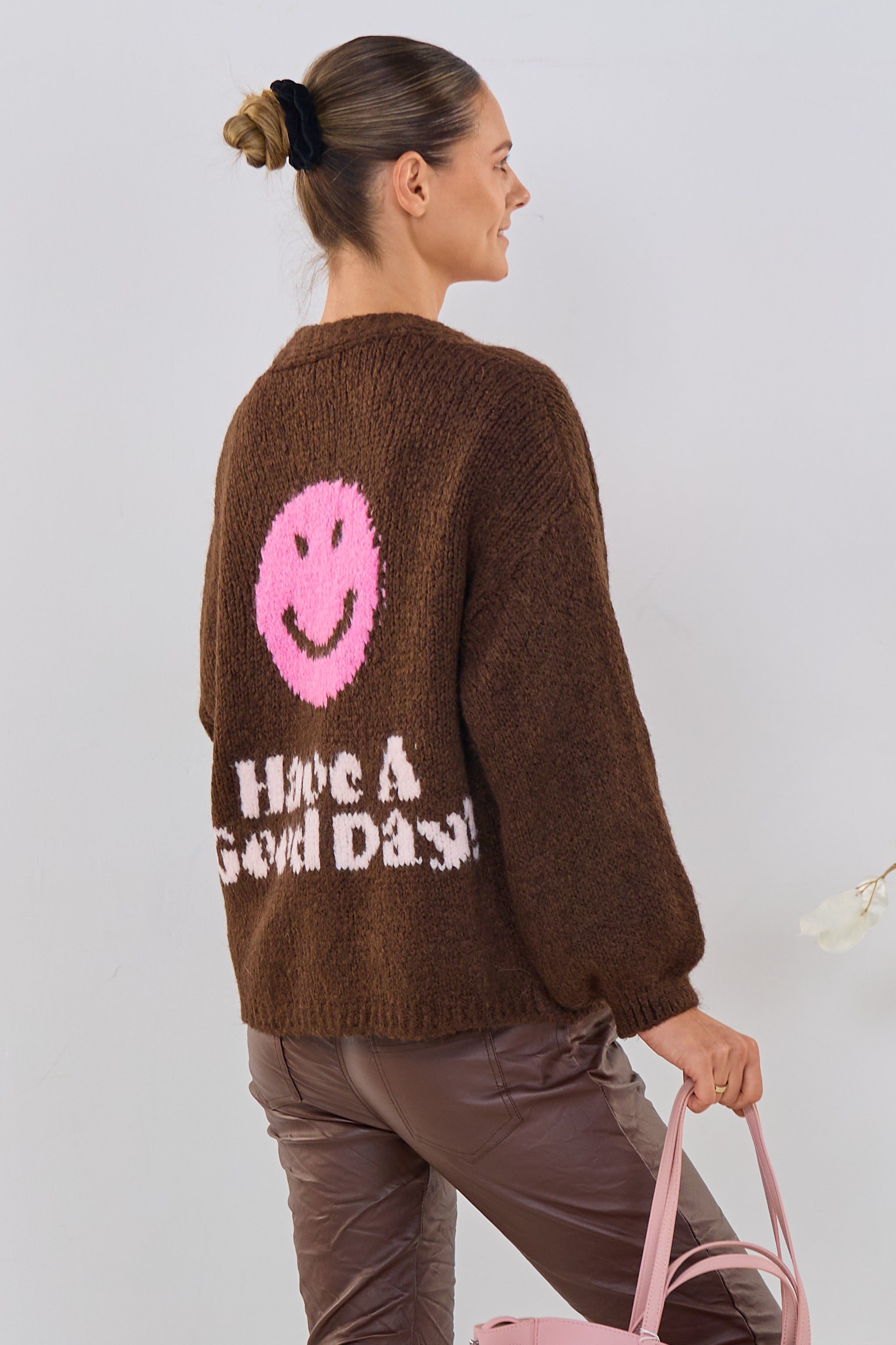 Cardigan mit Smiley, braun-rosa