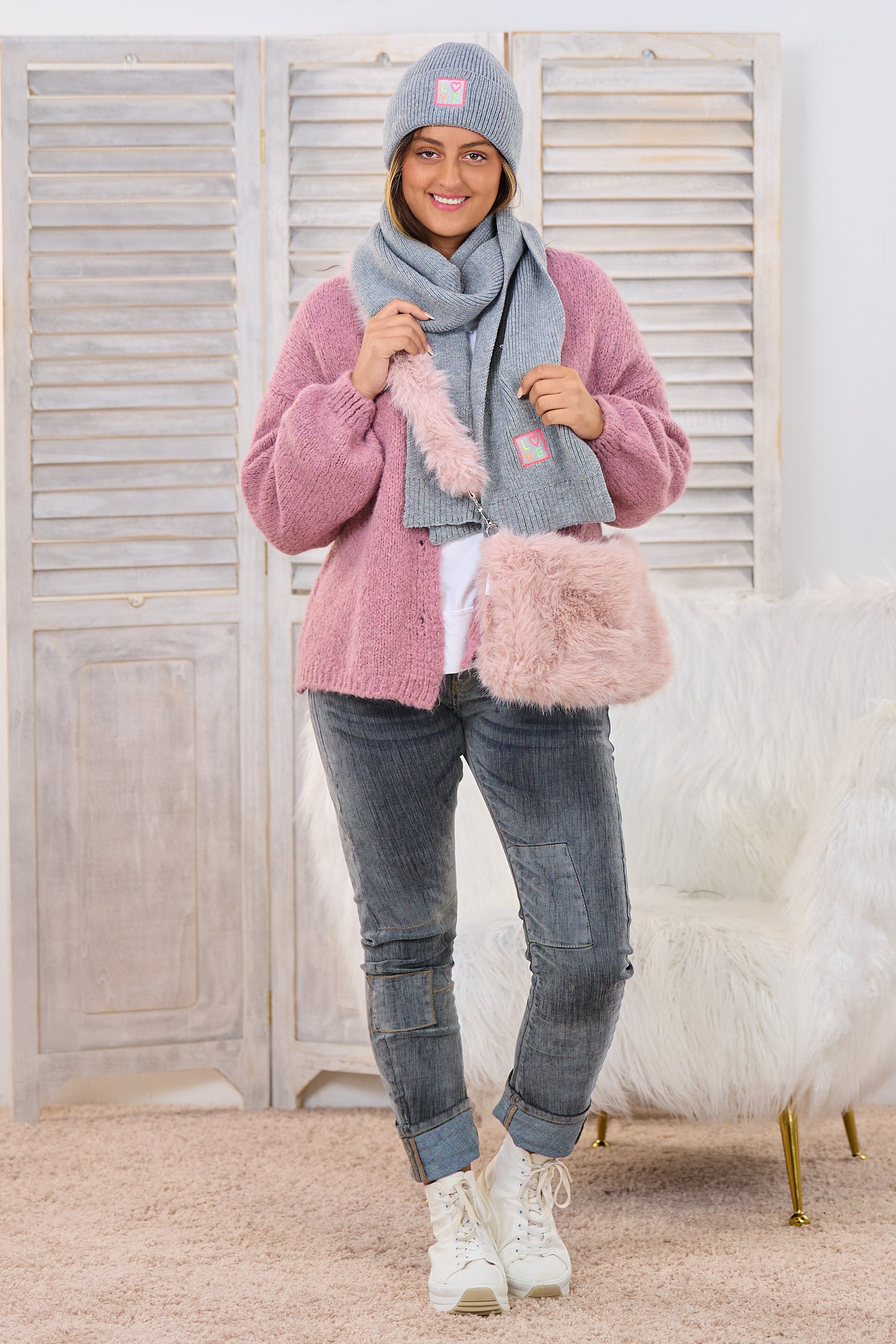 Cardigan mit Smiley, altrosa-pink-schwarz