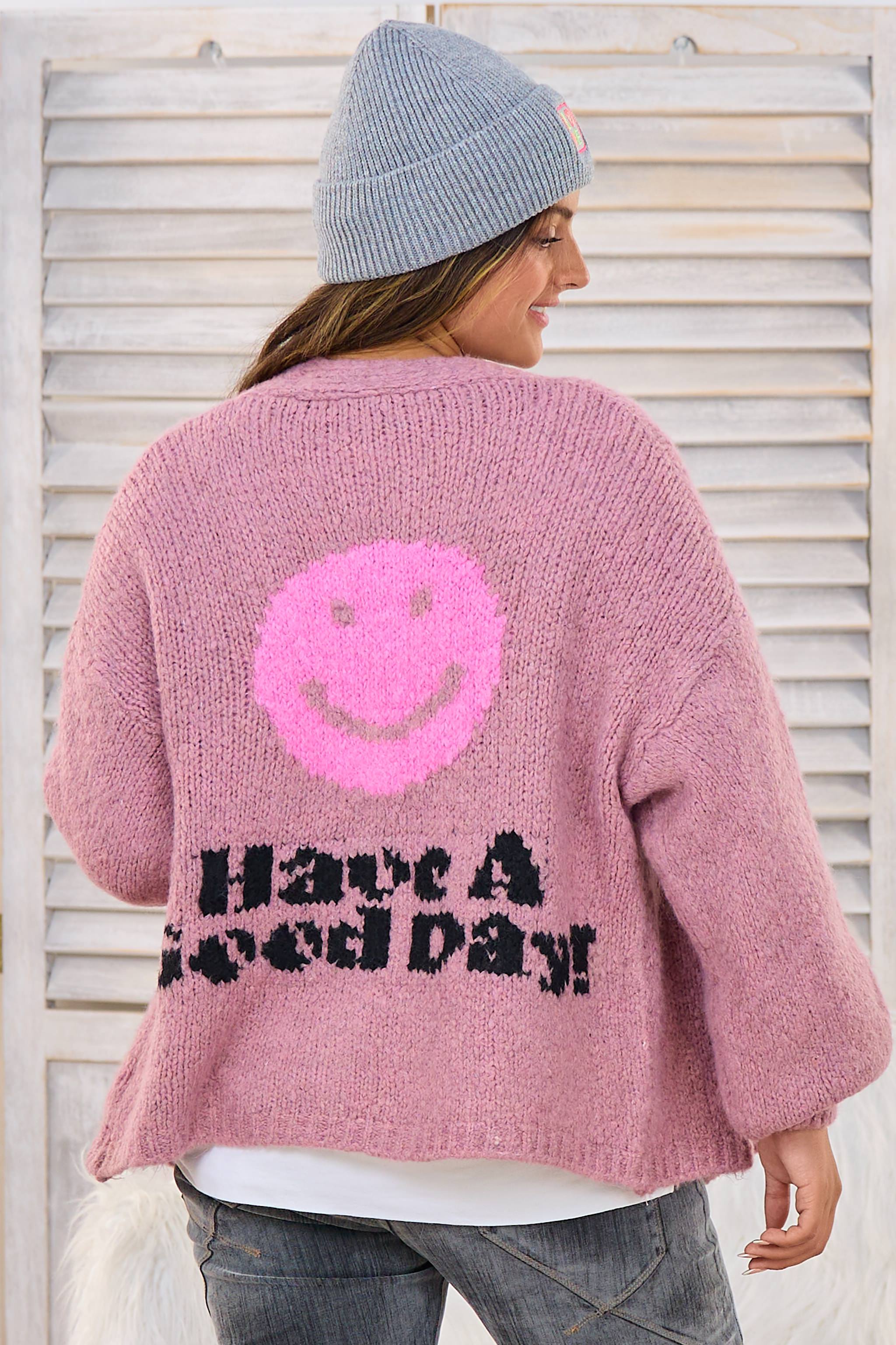 Cardigan mit Smiley, altrosa-pink-schwarz