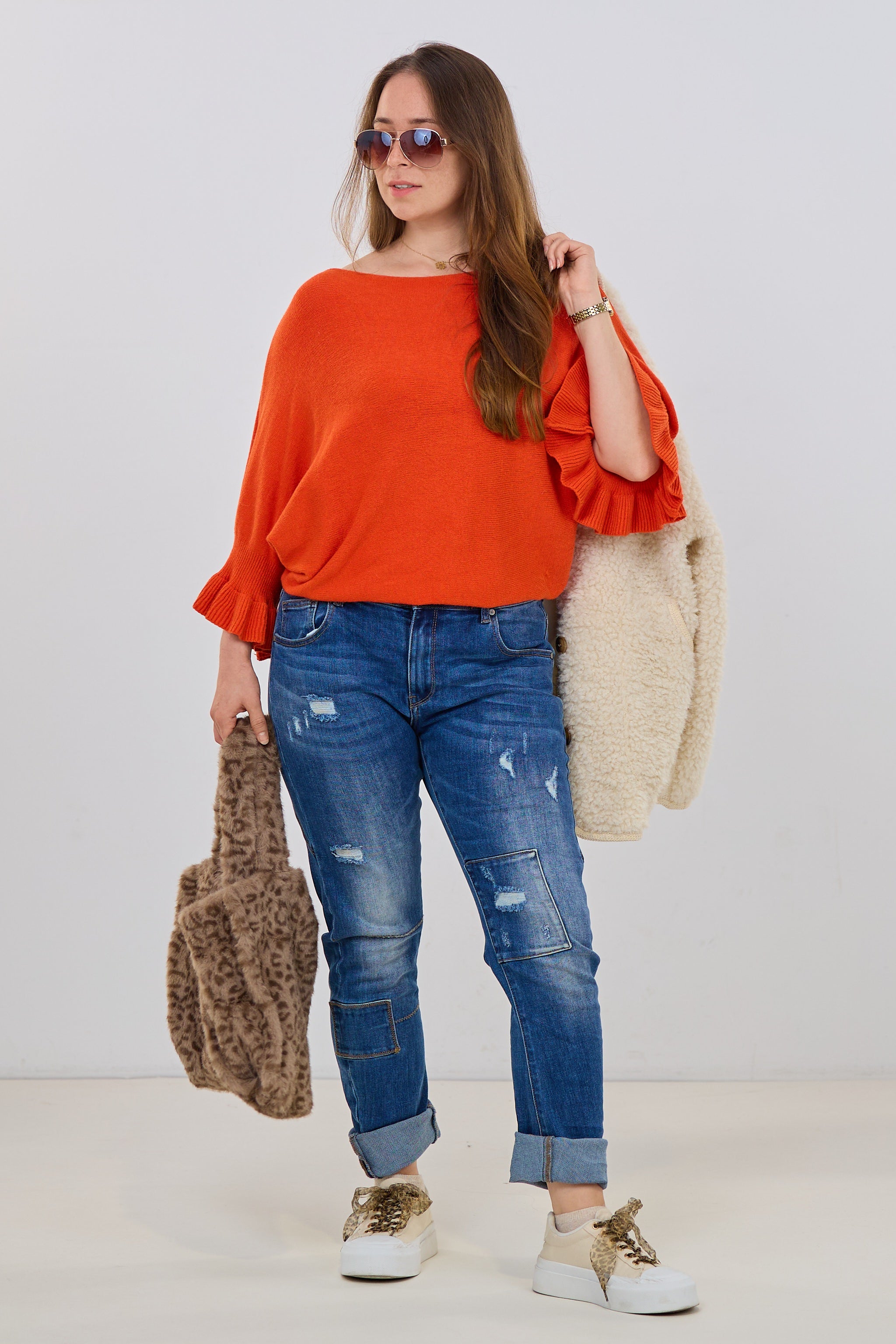 Strickpulli mit Rüschenärmeln, orange