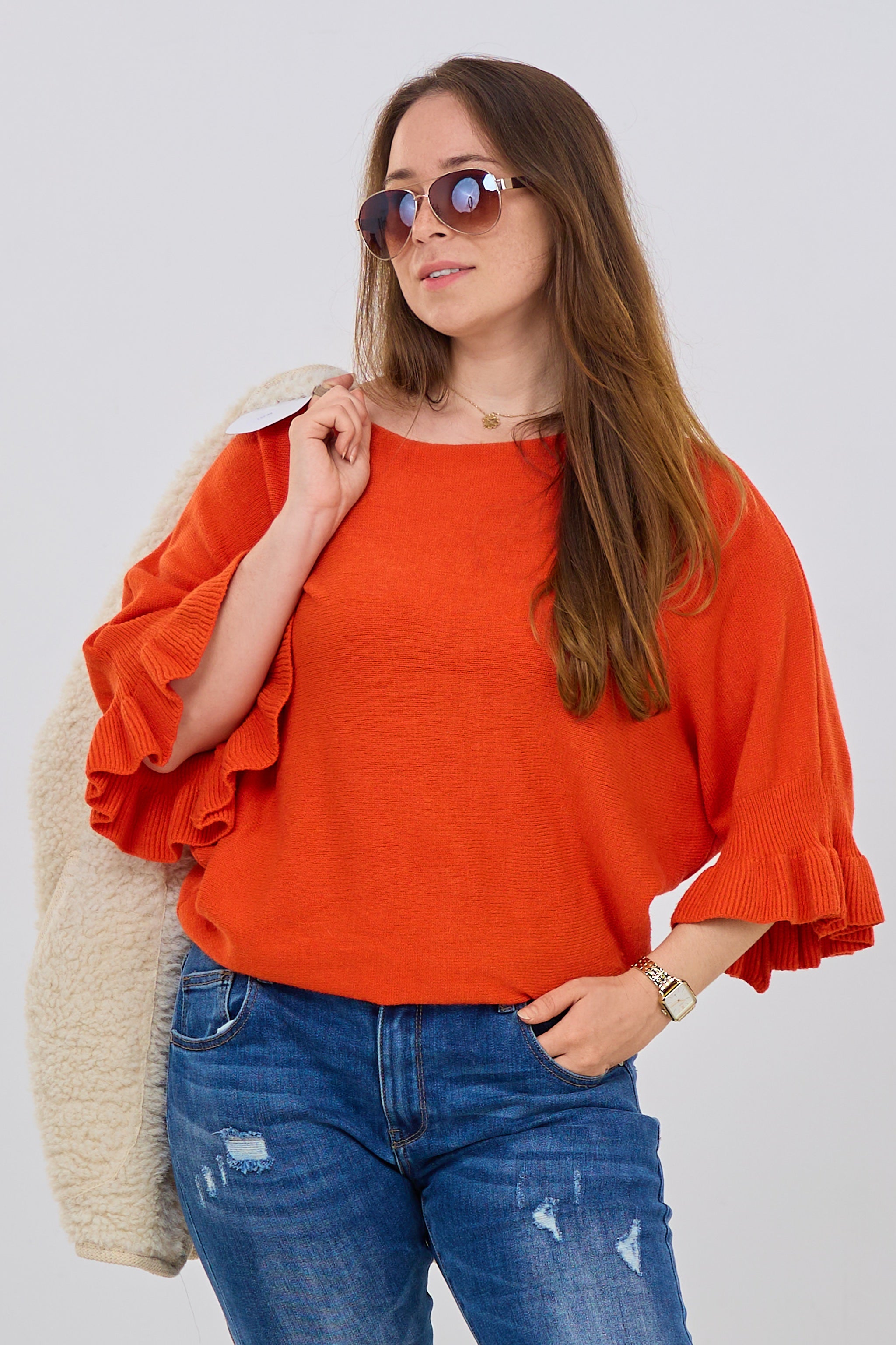 Strickpulli mit Rüschenärmeln, orange