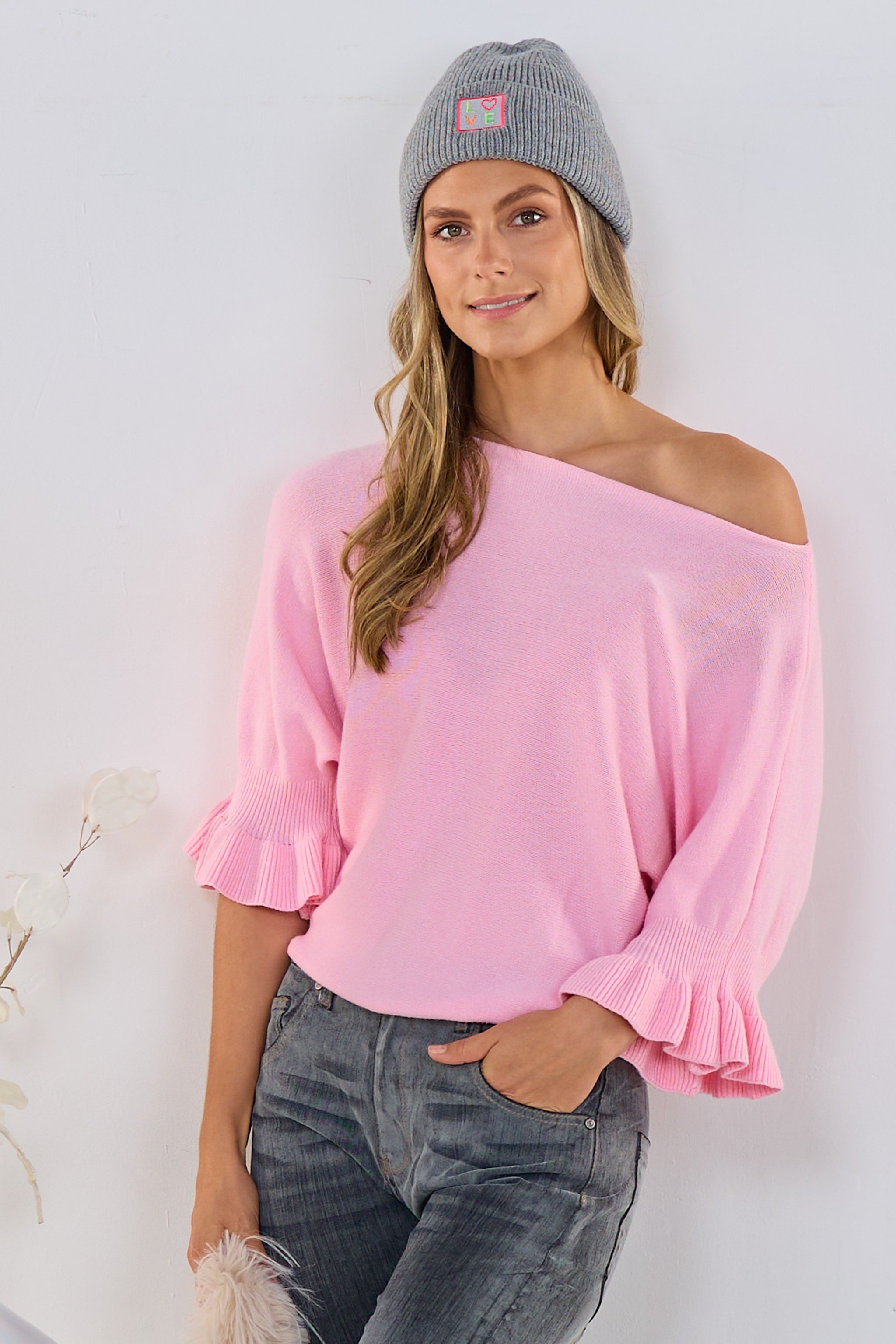 Strickpulli mit Rüschenärmeln, rosa