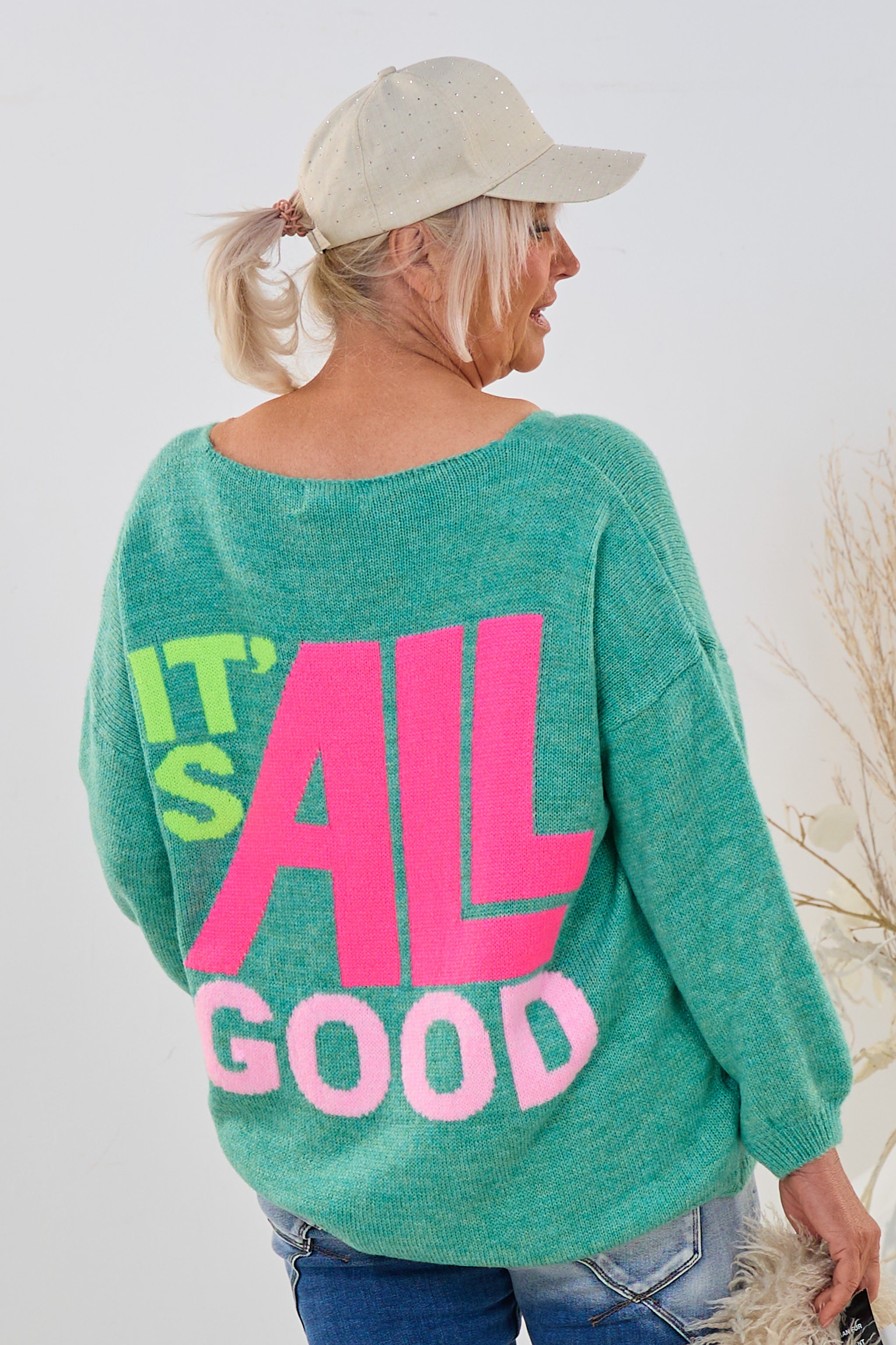 Oversized Strickpulli IT'S ALL GOOD, grün-melliert