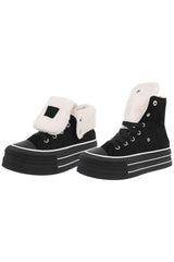 High Plateau Sneaker mit Teddyfell, schwarz