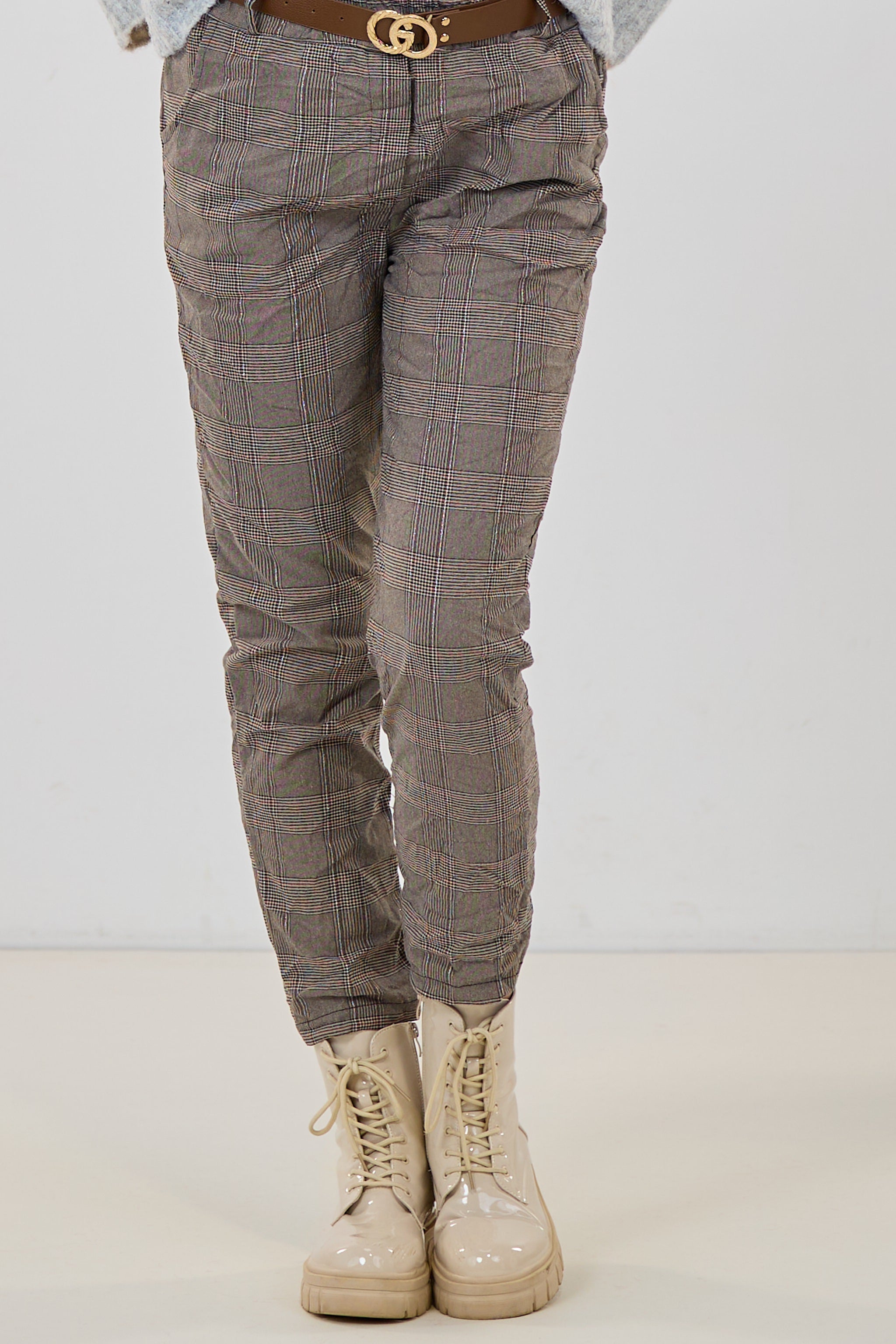 Karo-Hose im Knitterlook, taupe-braun