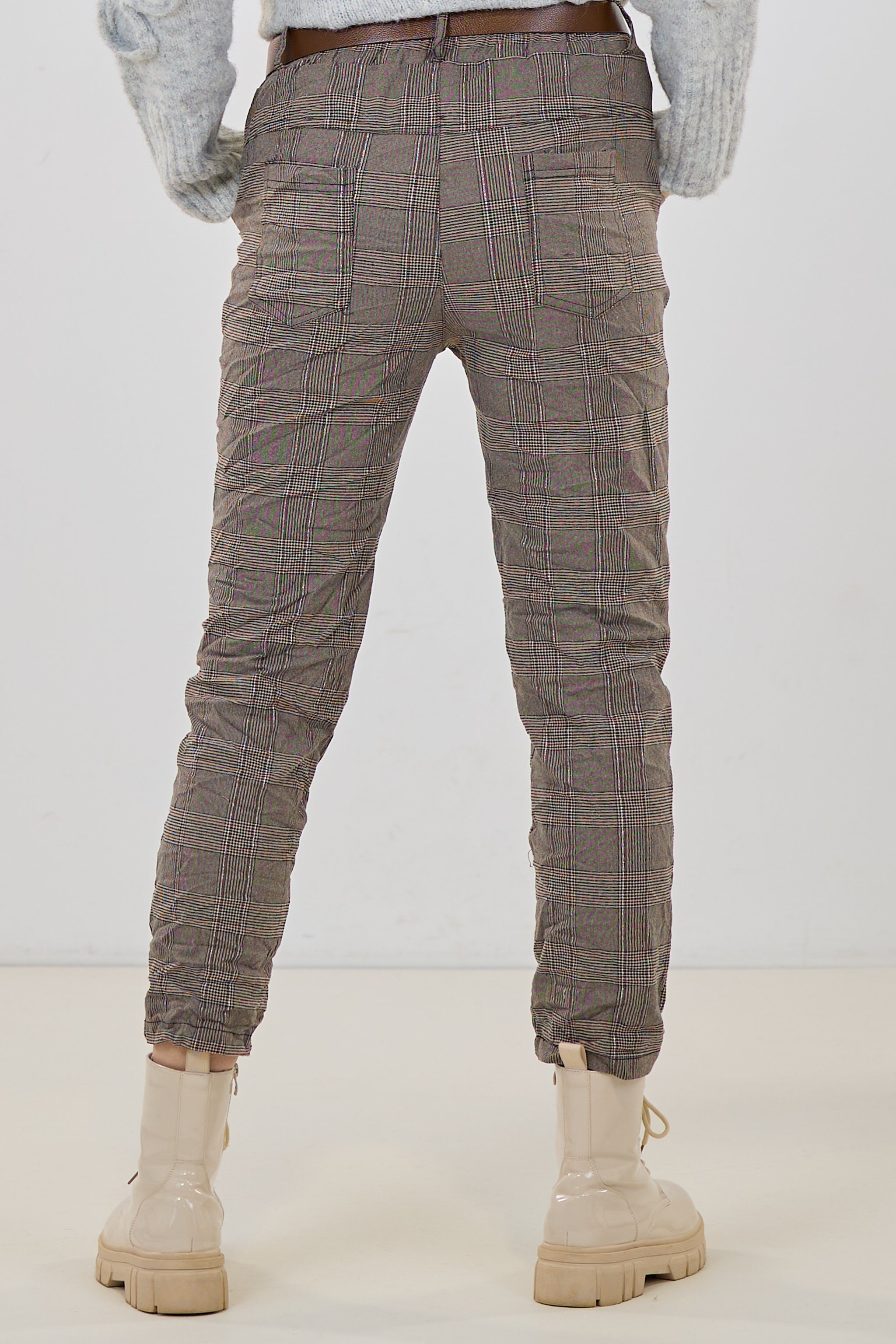 Karo-Hose im Knitterlook, taupe-braun