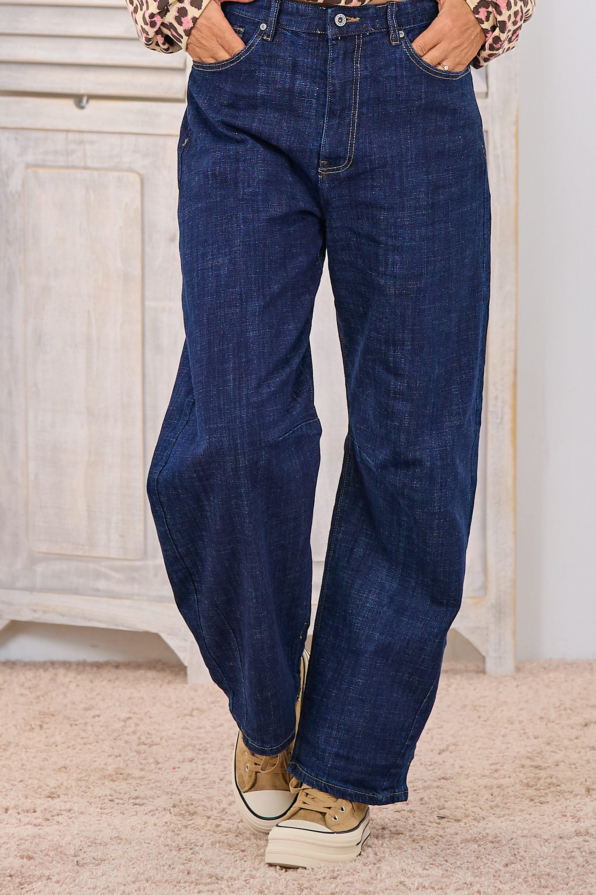 High Waist Jeans mit weitem Bein, dark denim