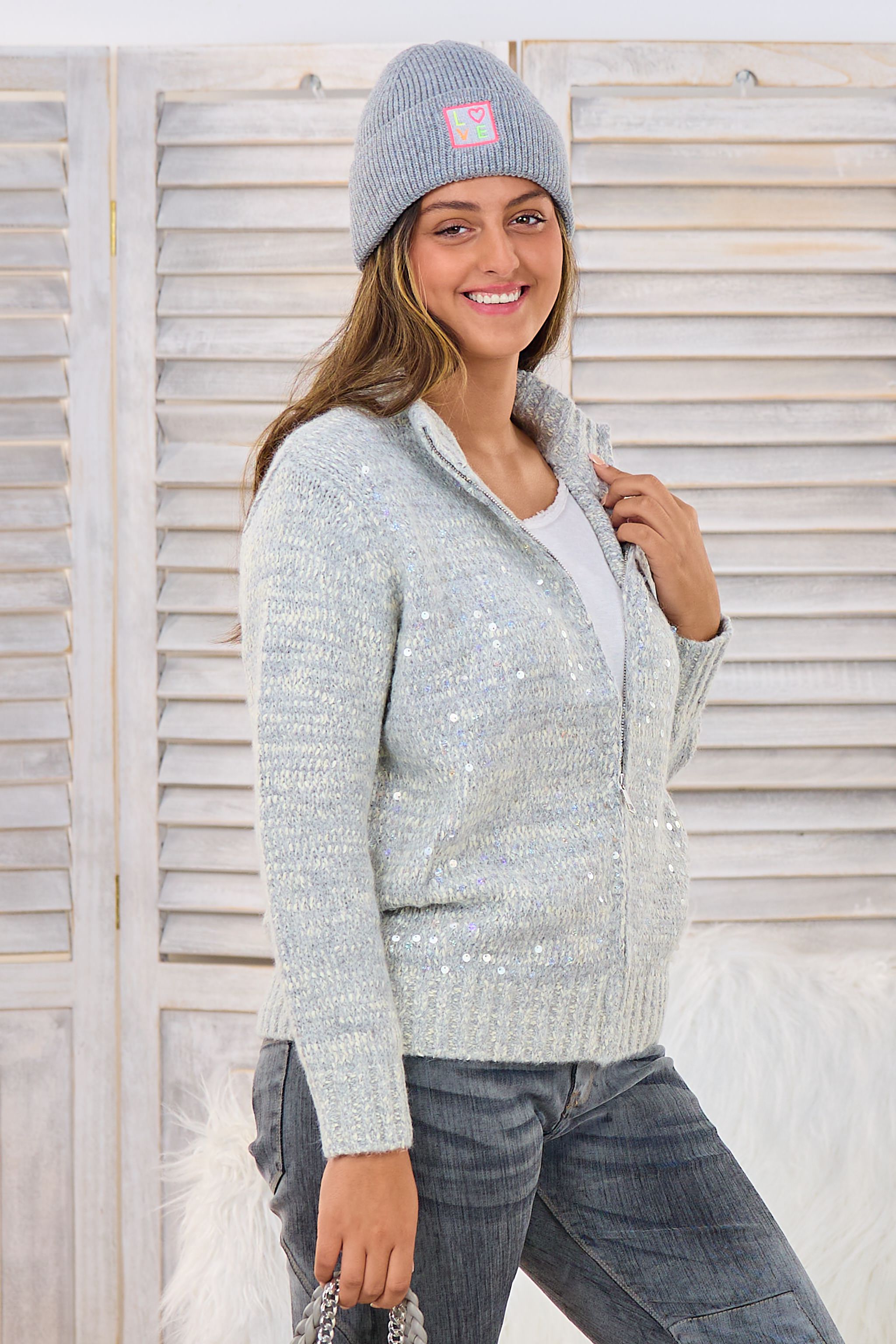 Strickjacke mit Pailletten, grau-ecru-melliert