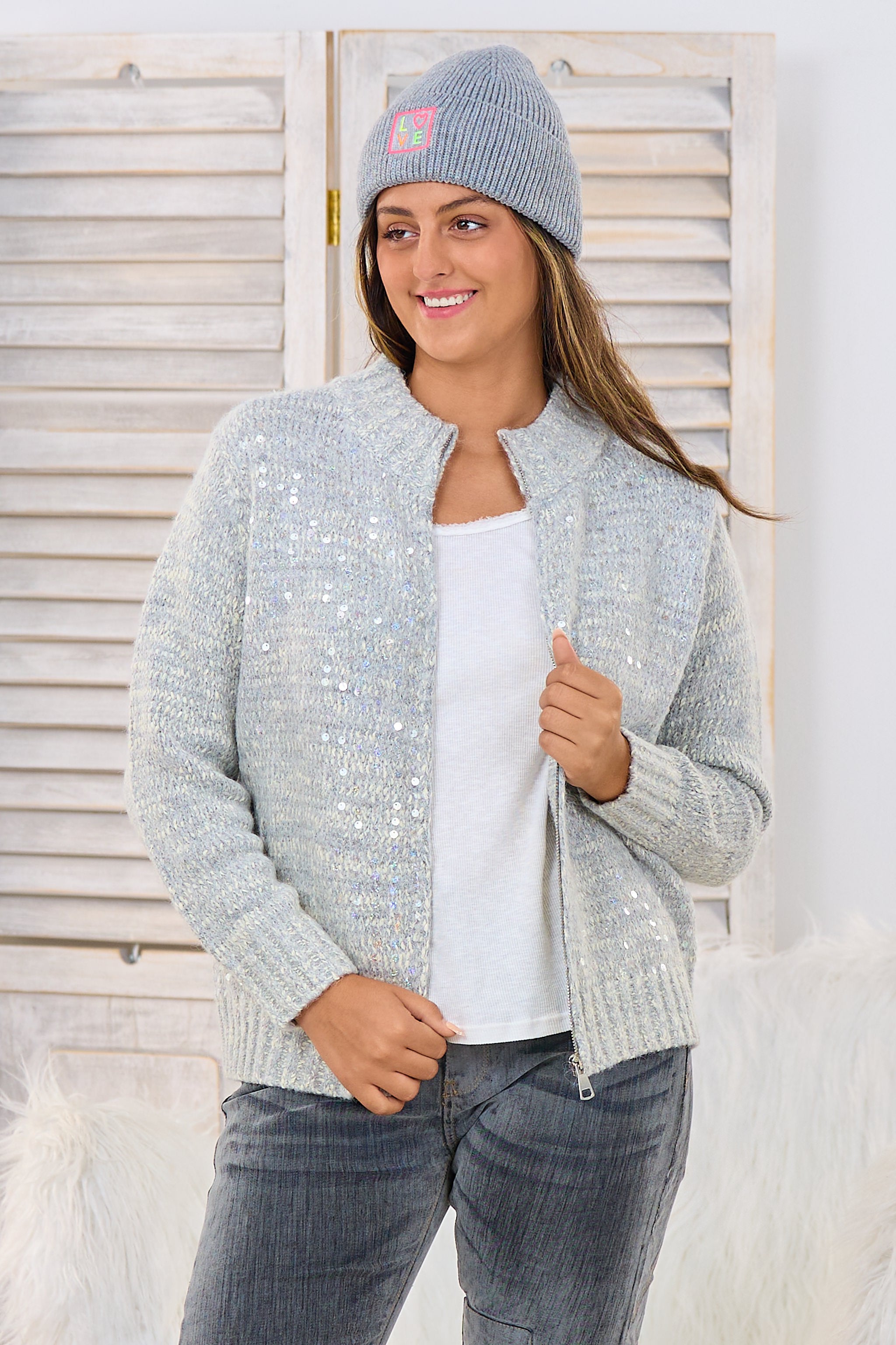 Strickjacke mit Pailletten, grau-ecru-melliert