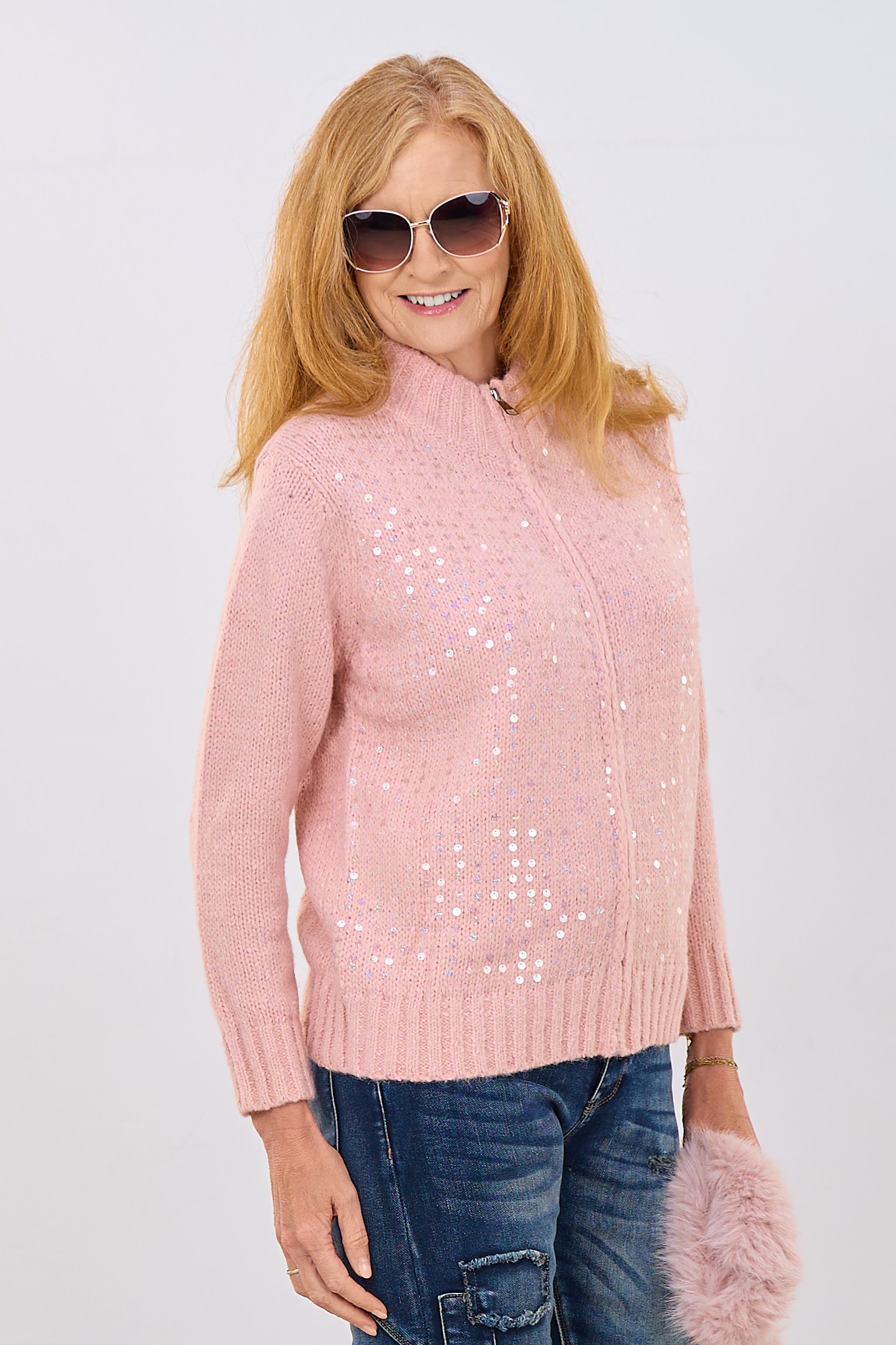 Strickjacke mit Pailletten, altrosa