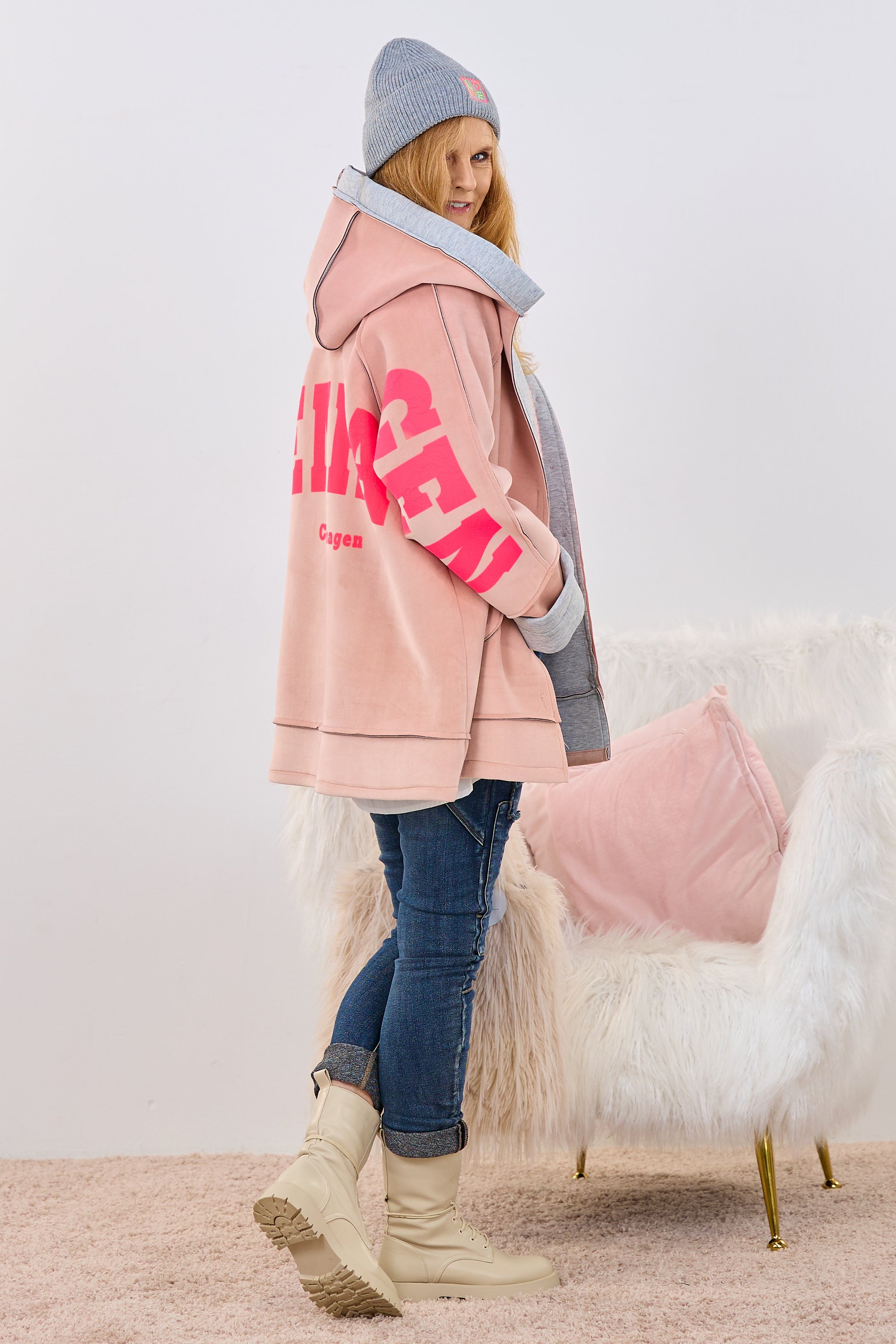 samtige Jacke, altrosa-grau-neonpink