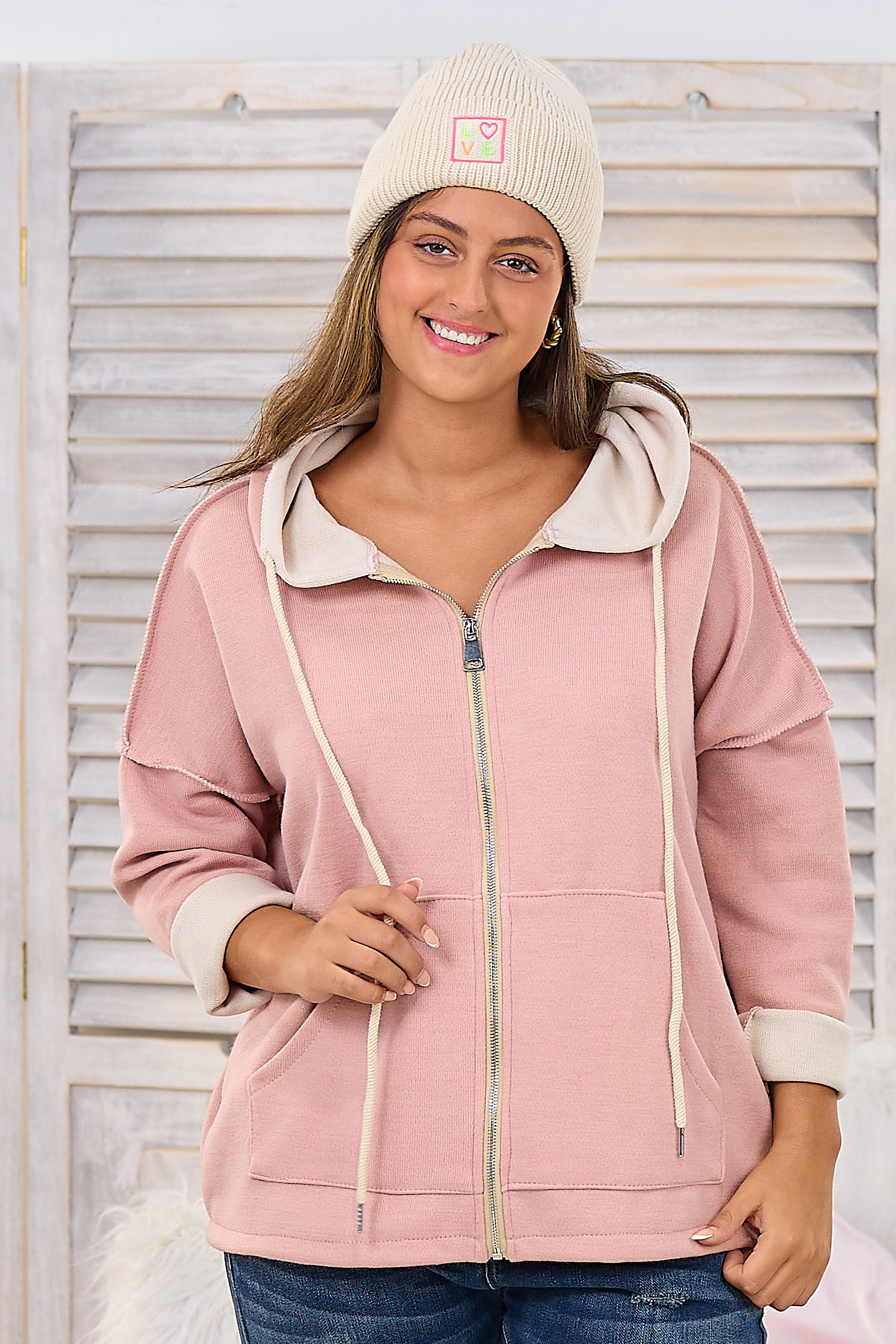 Hoodiejacke Bicolor, altrosa-creme