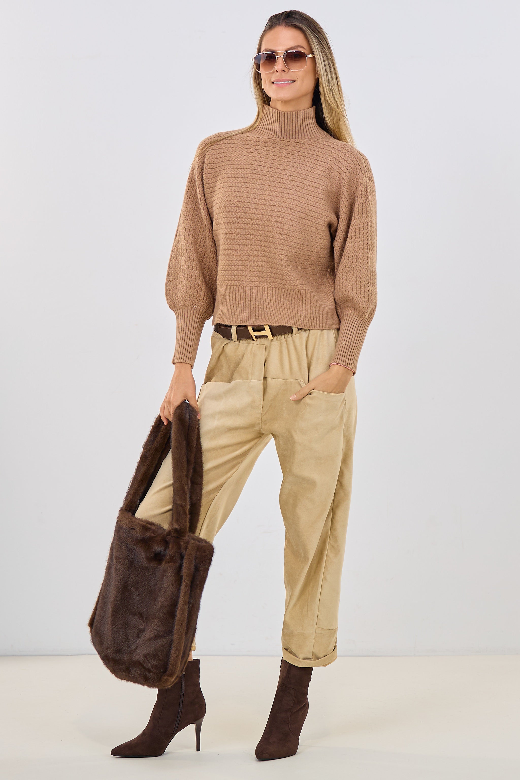 Strickpulli mit Zopfmuster, camel