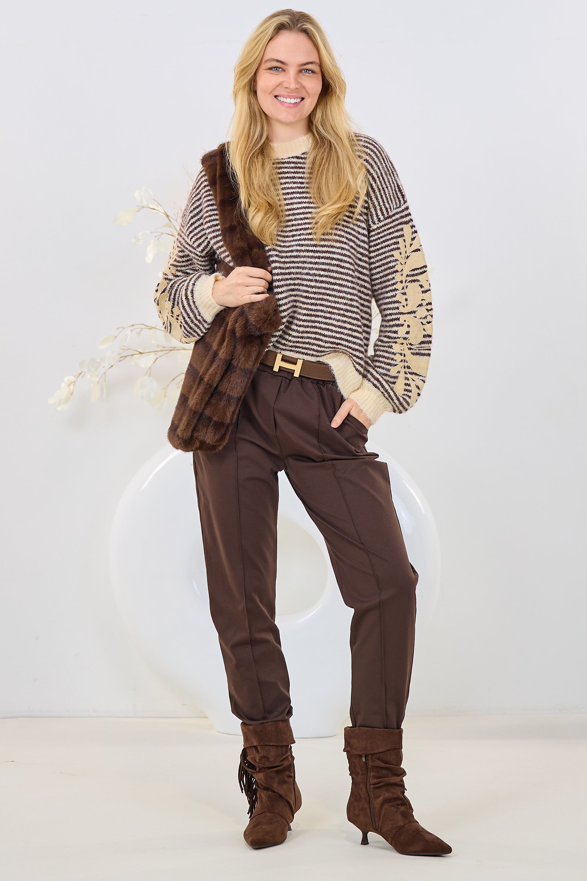 geringelter Pulli mit Stickerei, braun-creme
