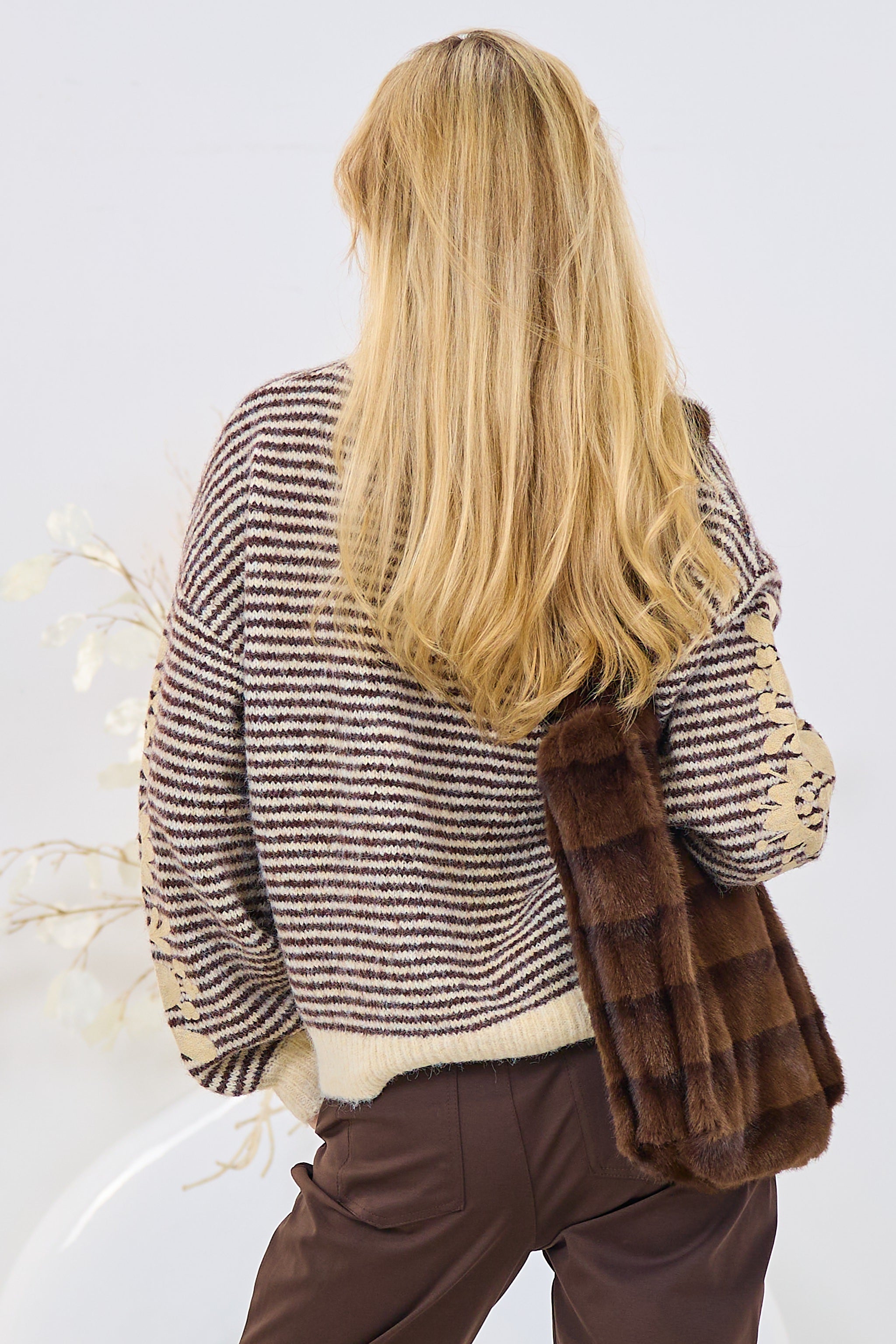 geringelter Pulli mit Stickerei, braun-creme
