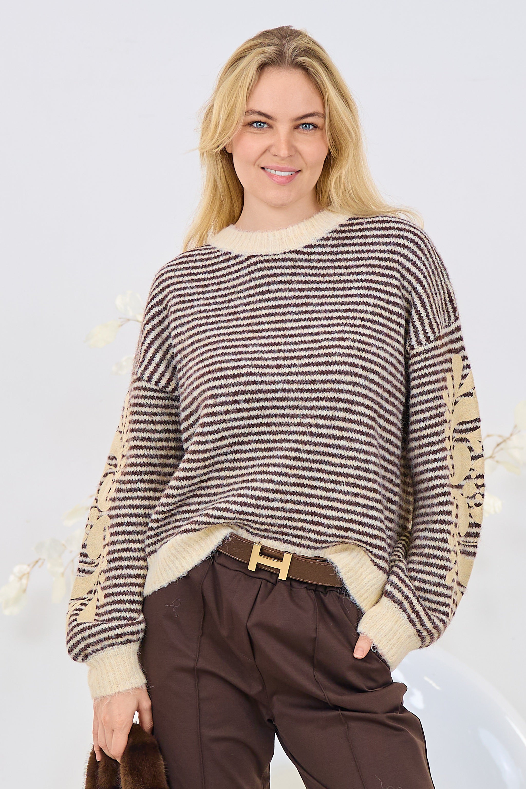 geringelter Pulli mit Stickerei, braun-creme