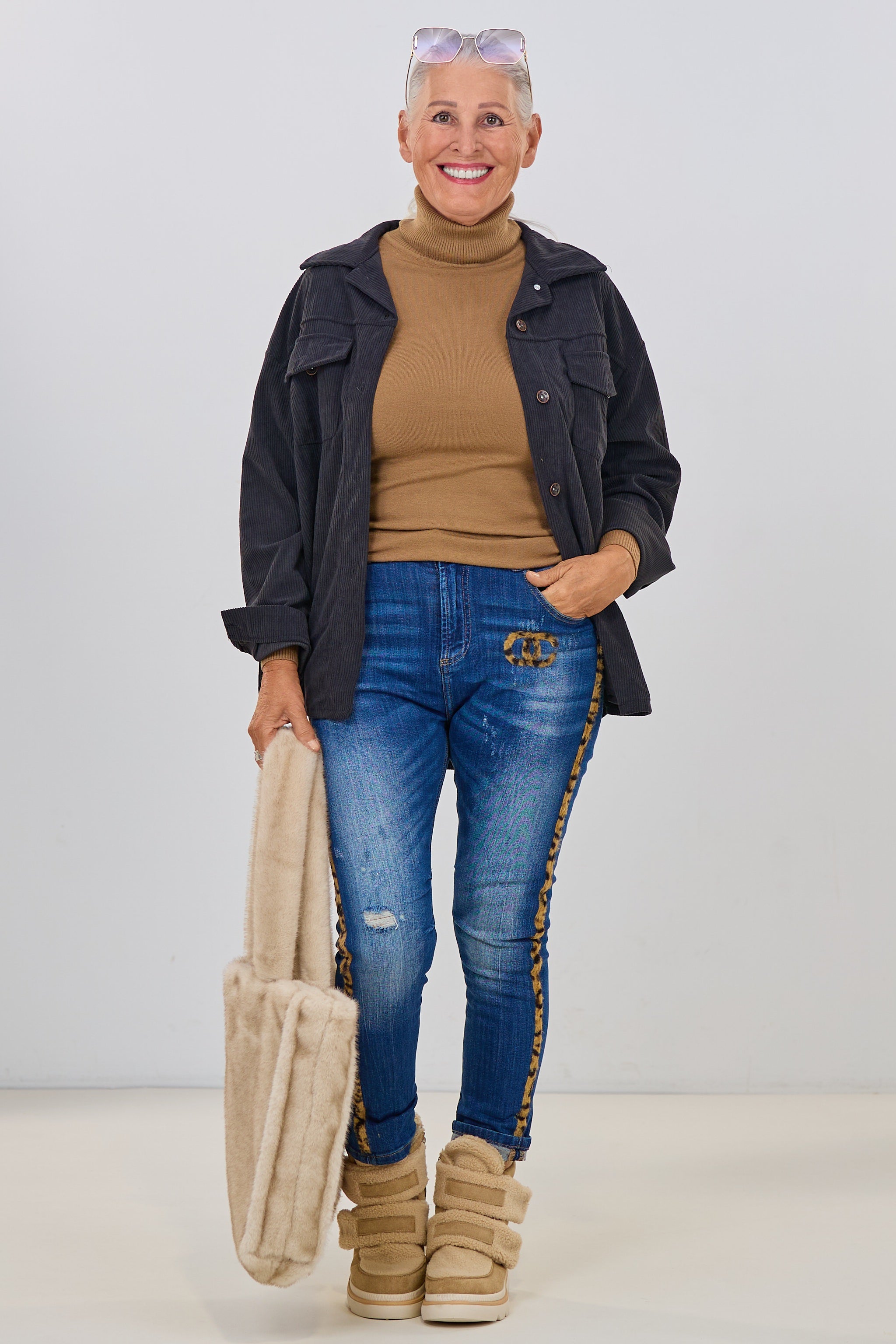 Lange Cord-Hemdjacke, anthrazit