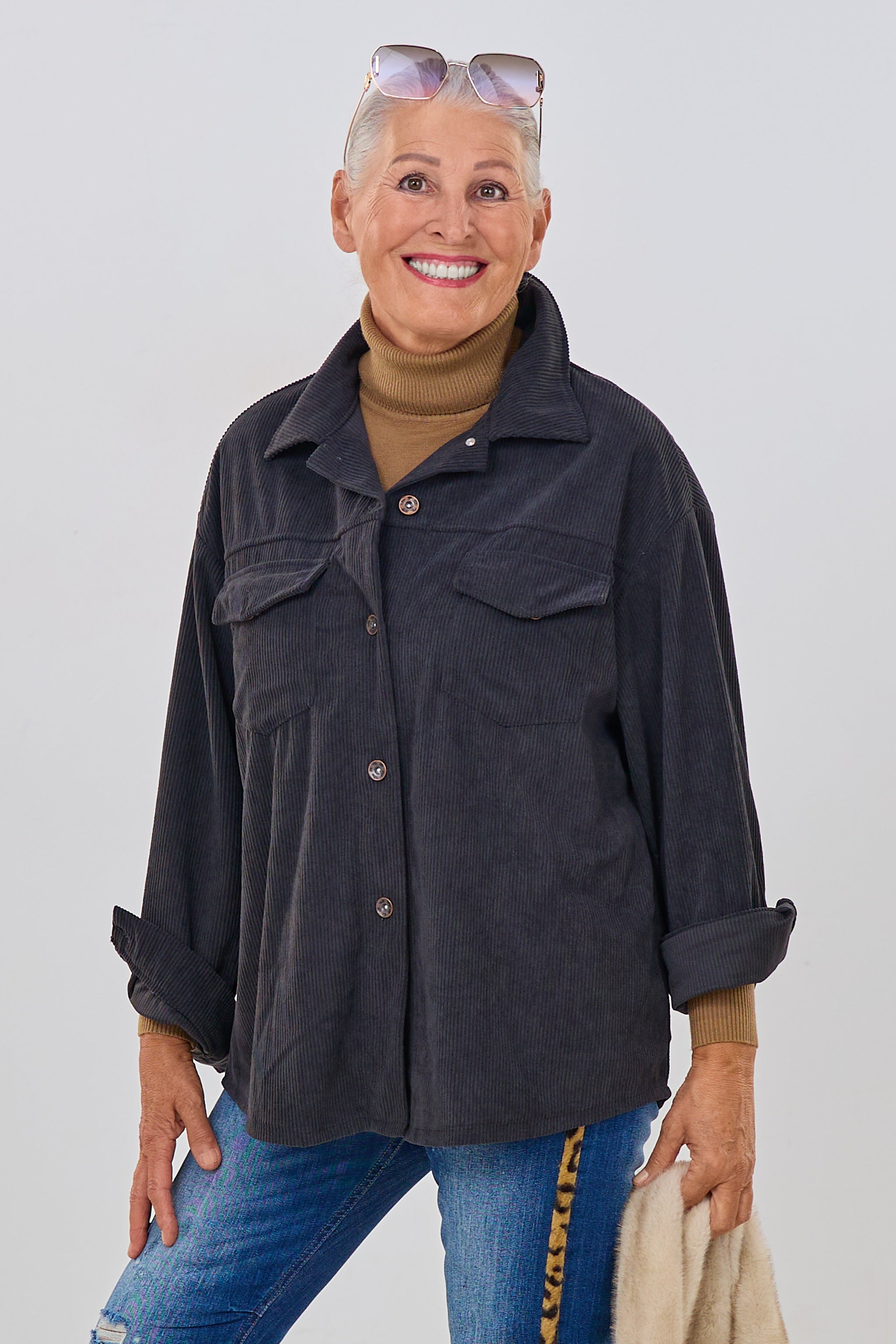 Lange Cord-Hemdjacke, anthrazit