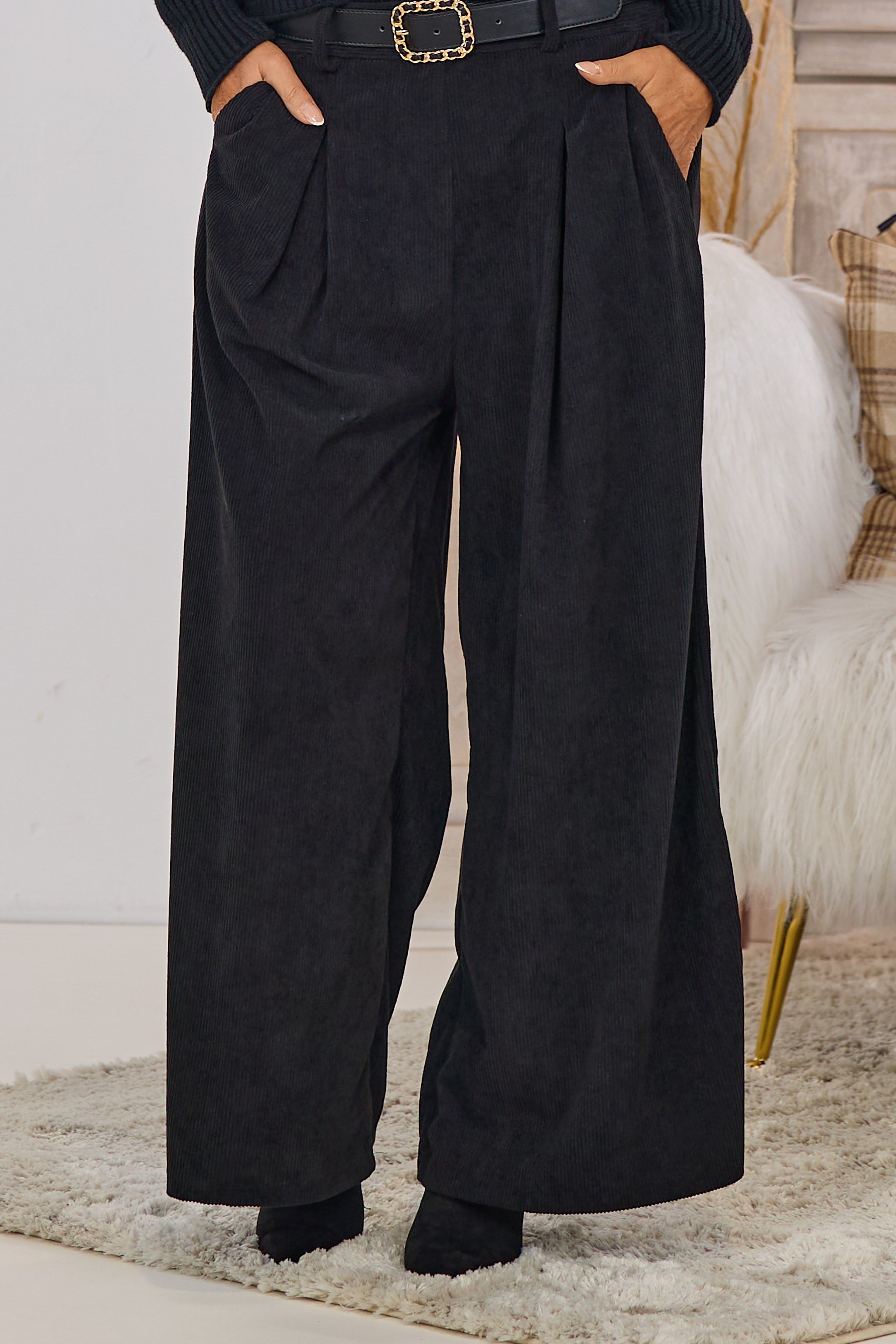 Corduroy pants with super wide legs, black