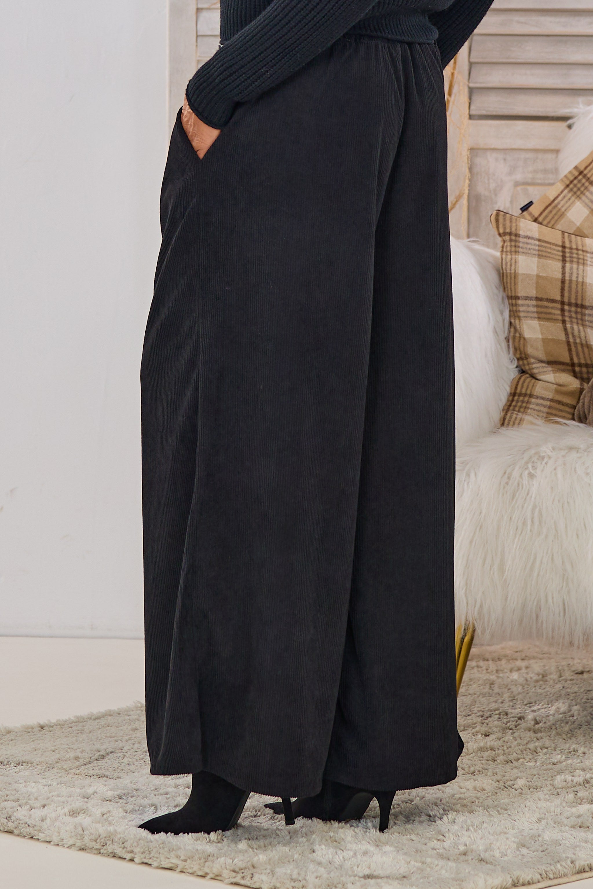 Corduroy pants with super wide legs, black