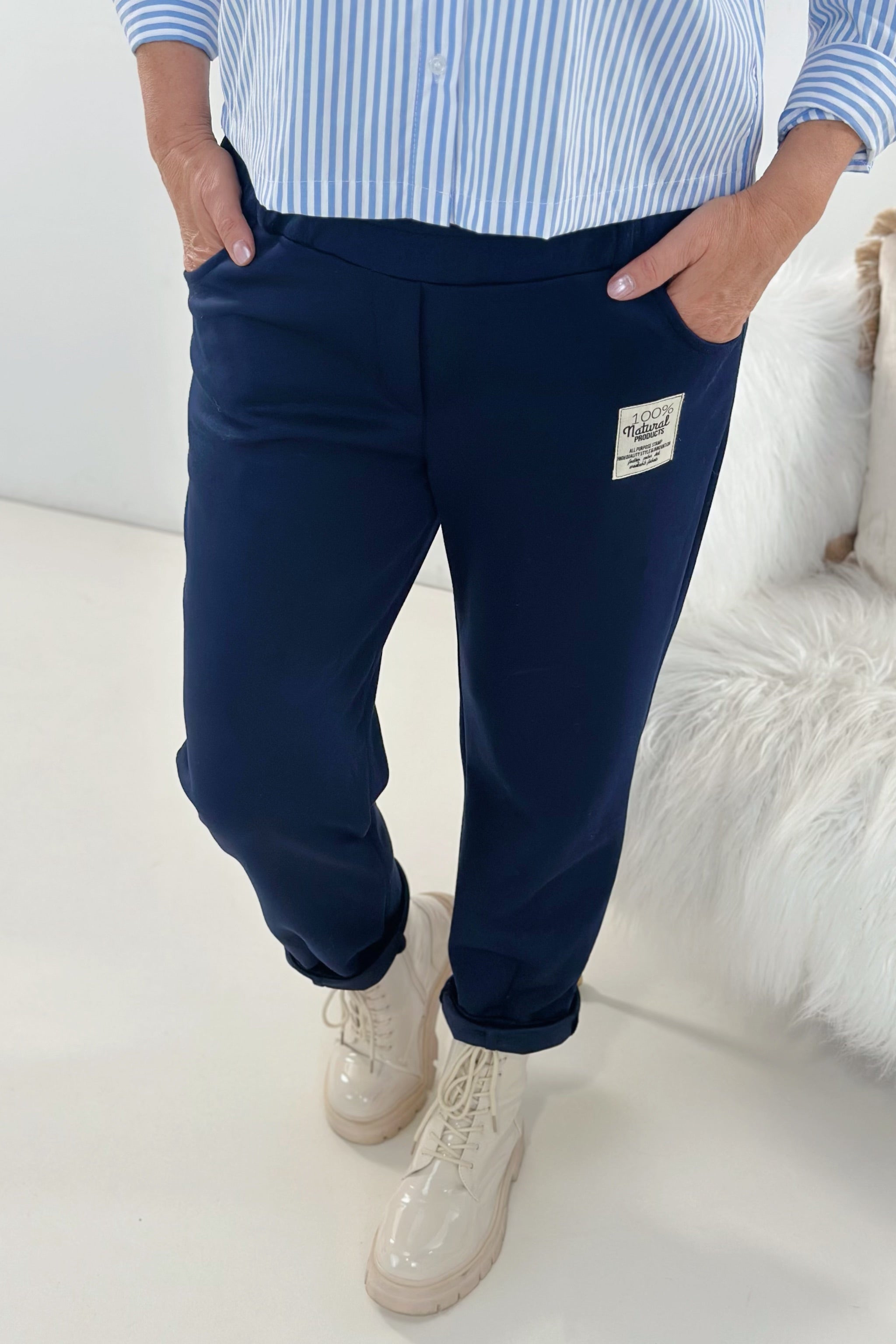 Cozy Hose mit Gürtel, dunkelblau