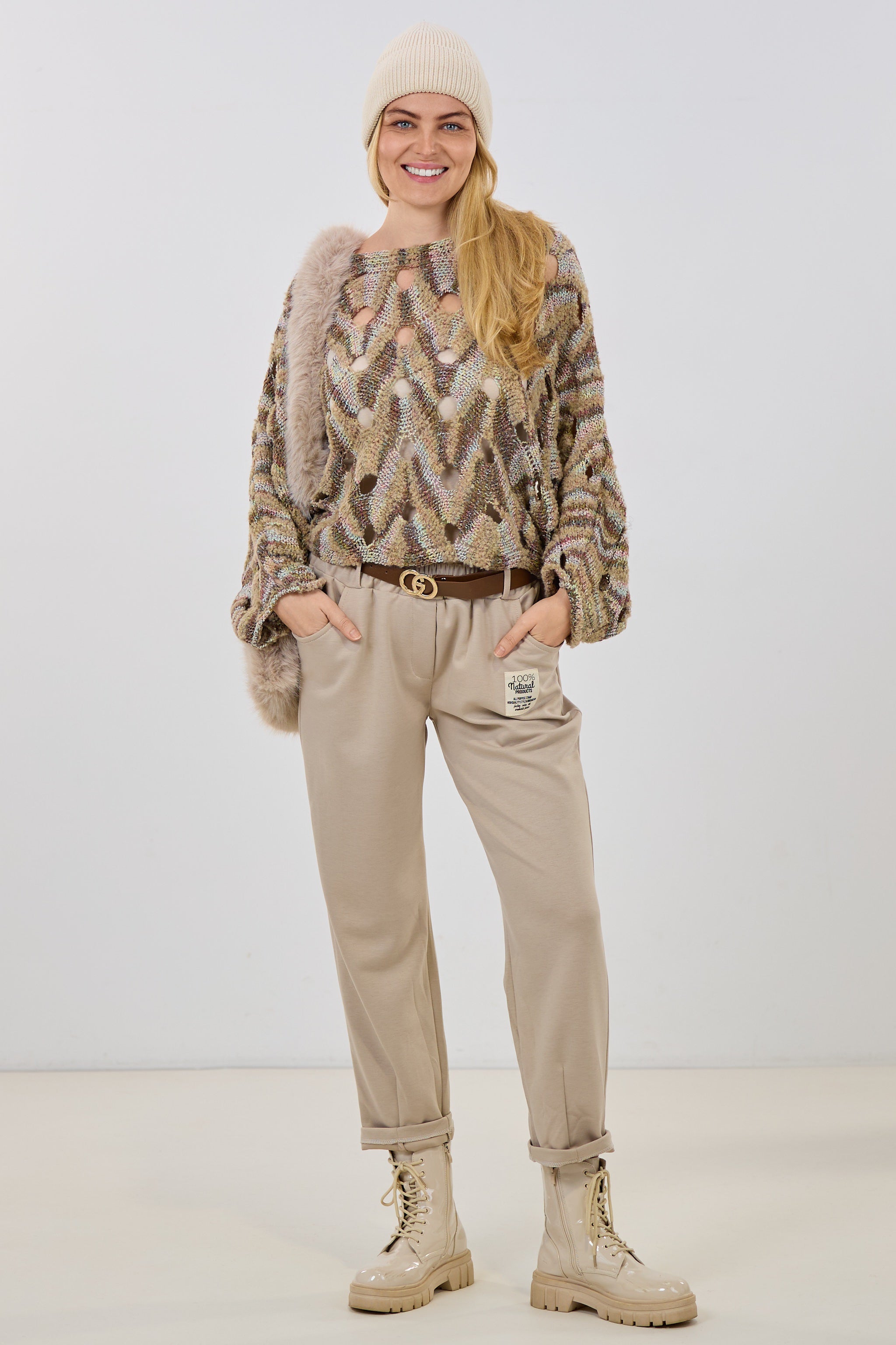 Cozy Hose mit Gürtel, beige