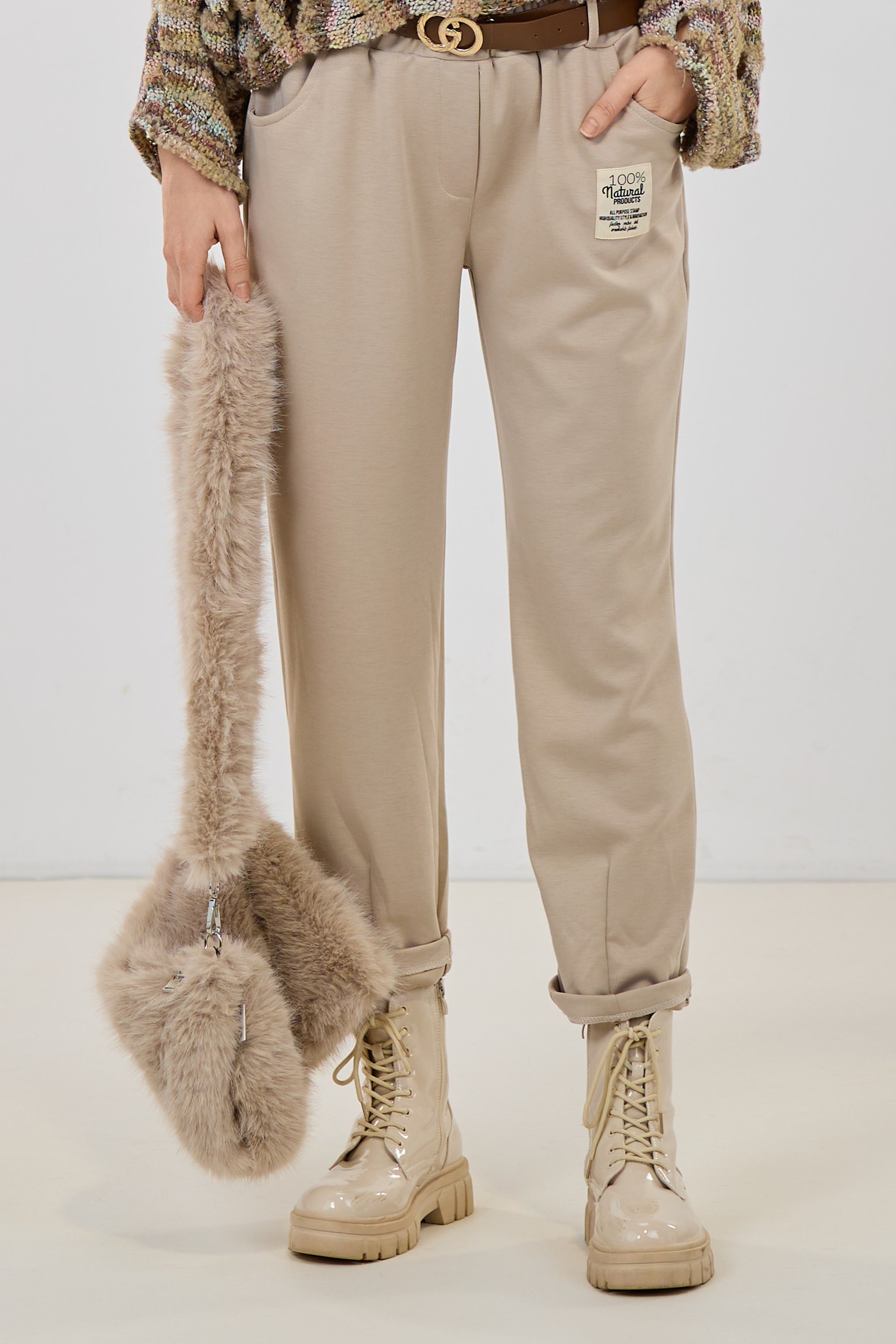 Cozy Hose mit Gürtel, beige