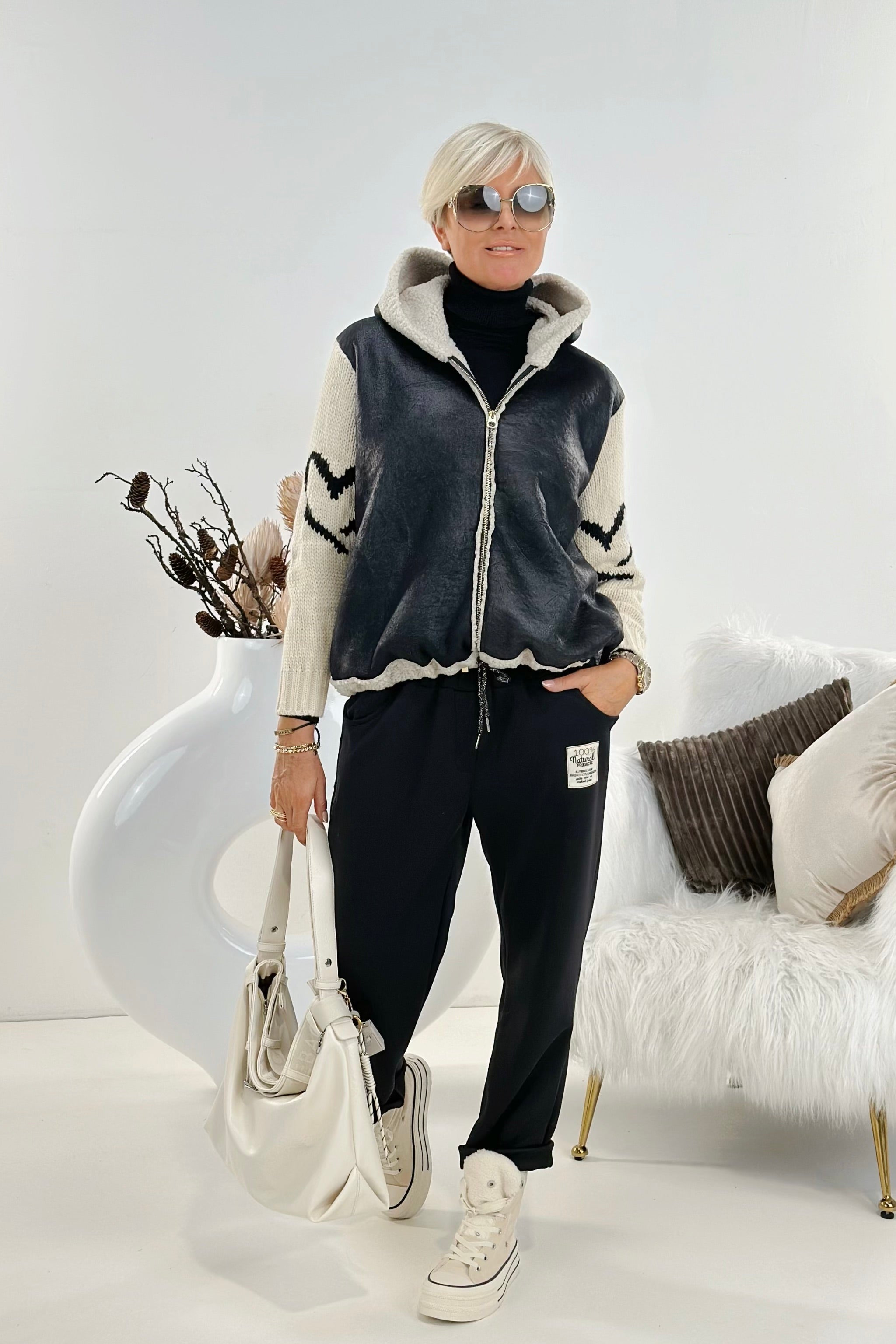 Cozy Hose mit Gürtel, schwarz