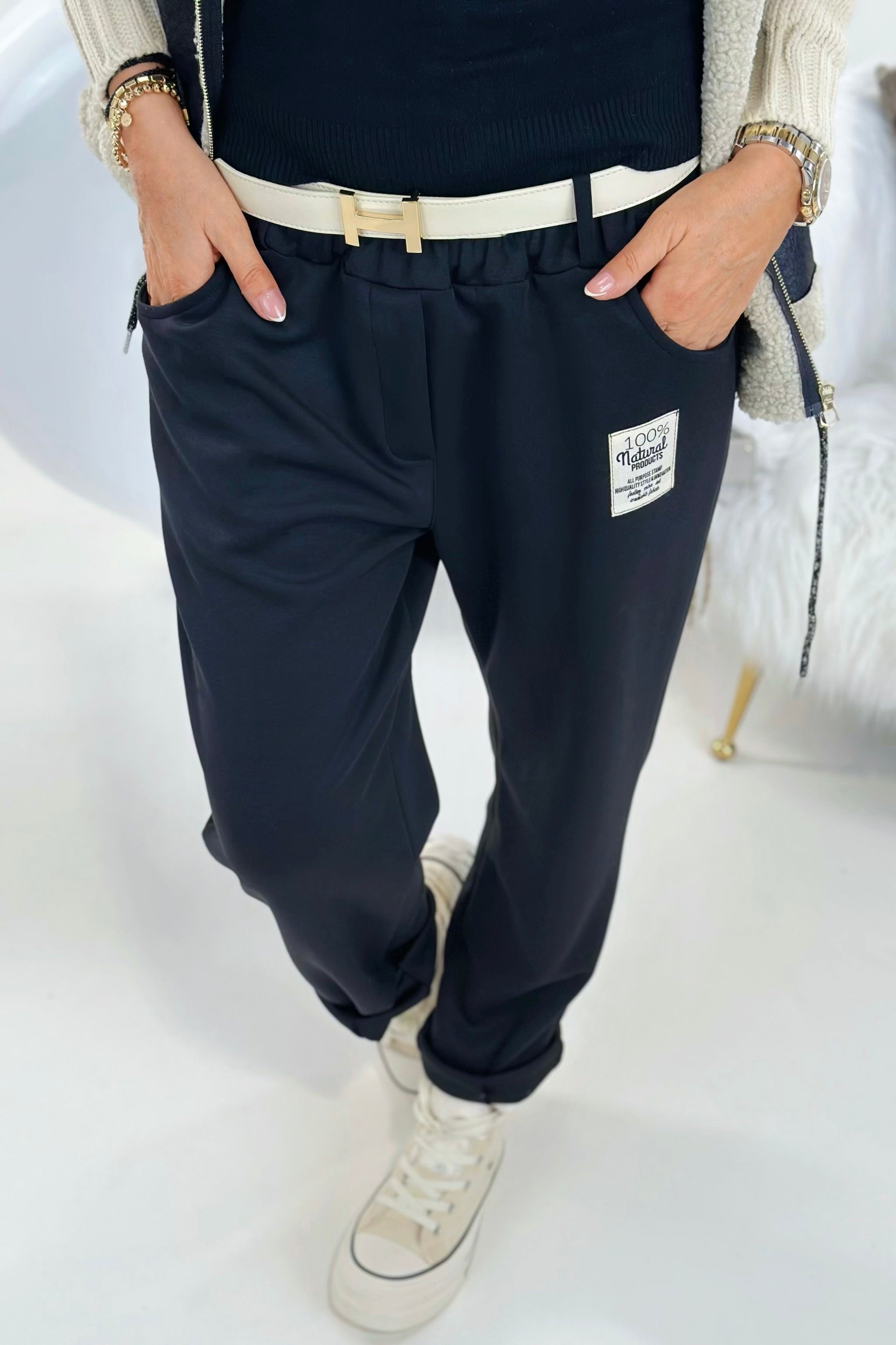 Cozy Hose mit Gürtel, schwarz