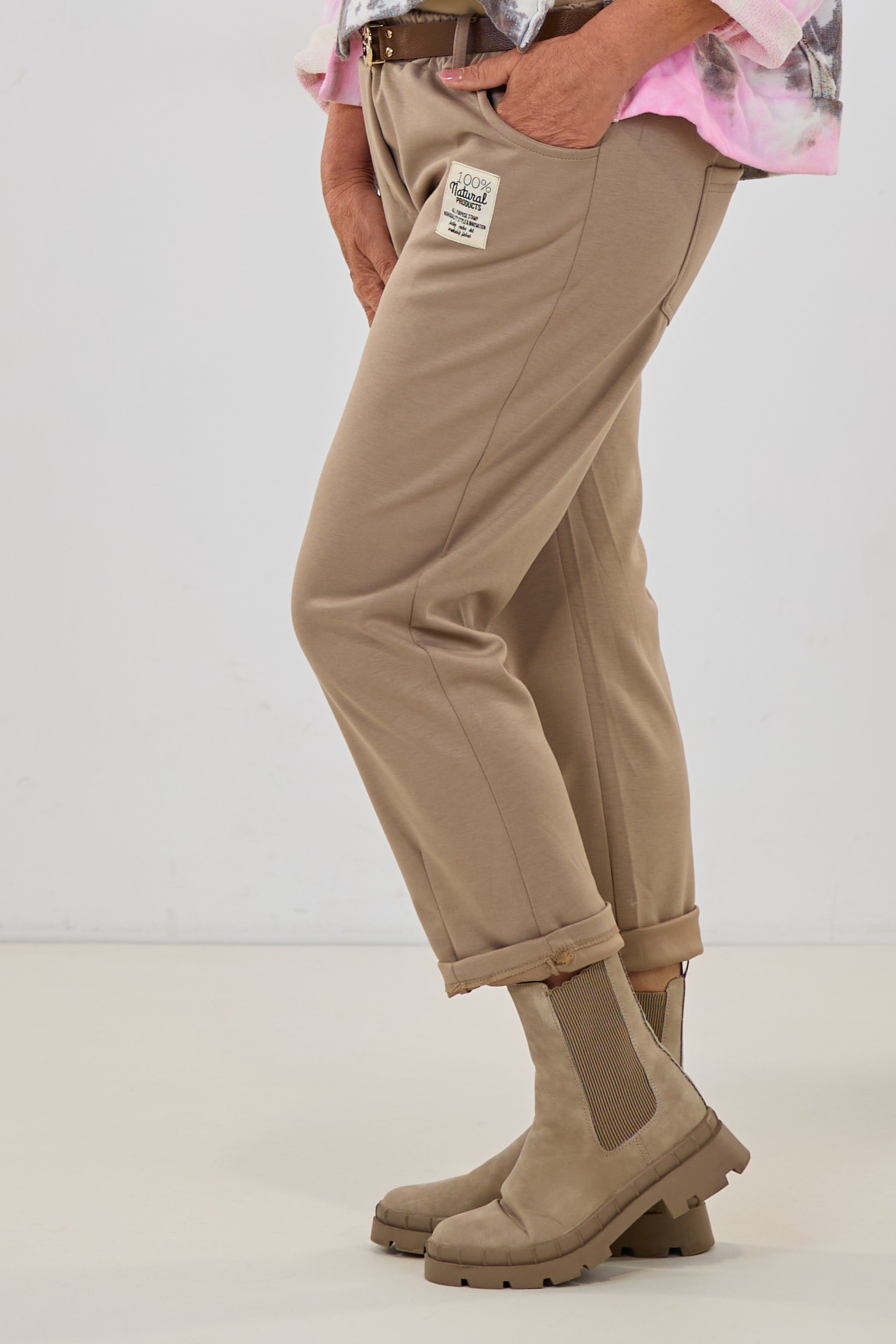 Cozy Hose mit Gürtel, taupe