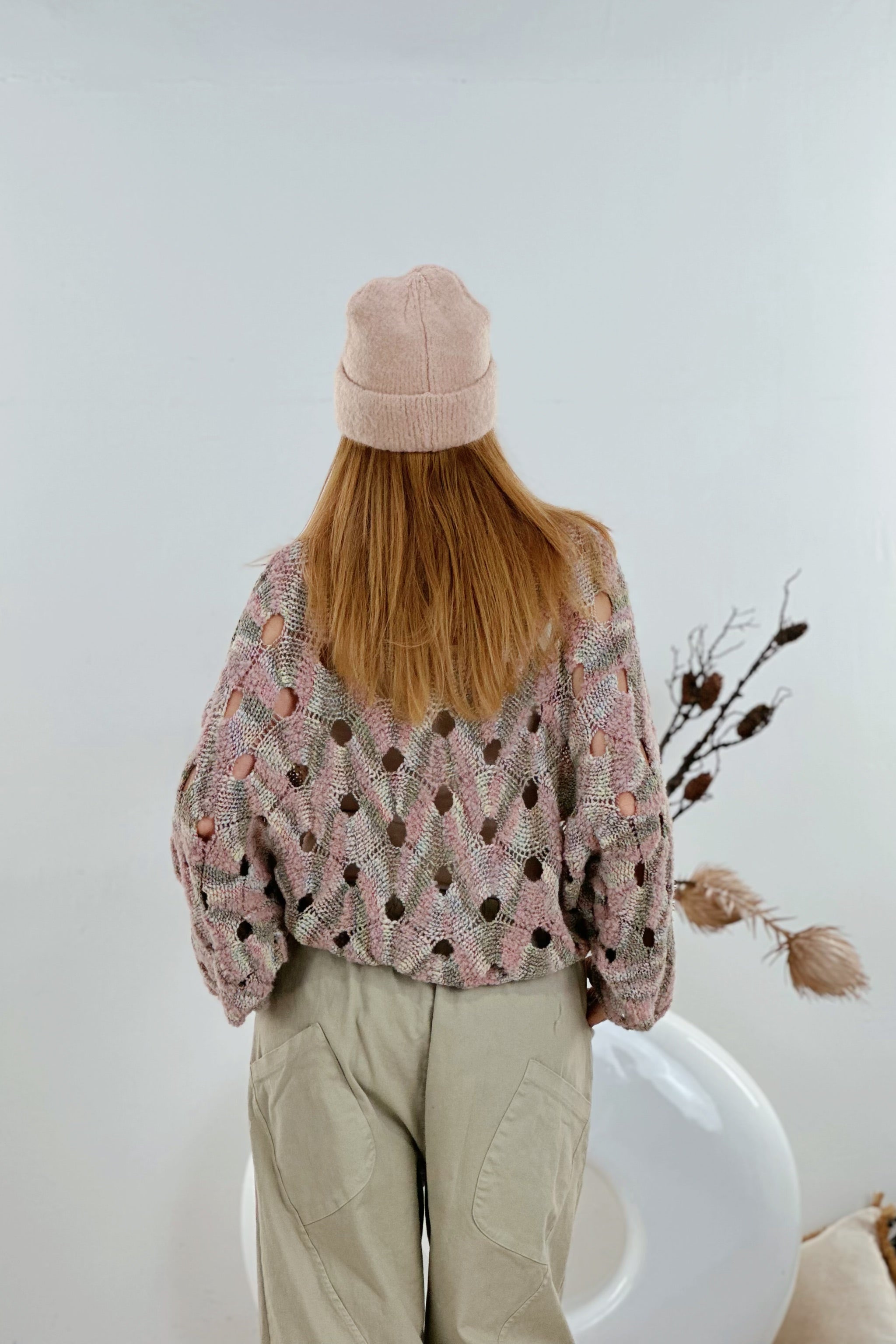 Lochstrick Pulli mit Fledermausärmeln, rosa-lindgrün-bunt